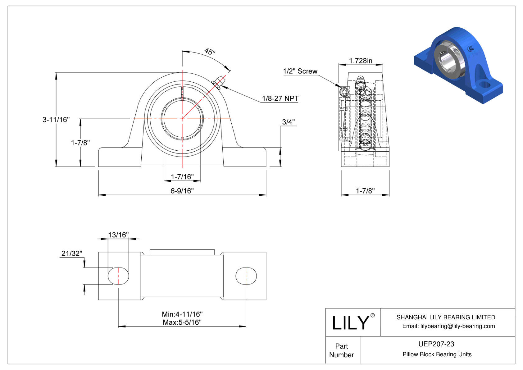 UEP207-23 Pillow Block Bearing Accu-Loc Concentric Collar Locking cad drawing