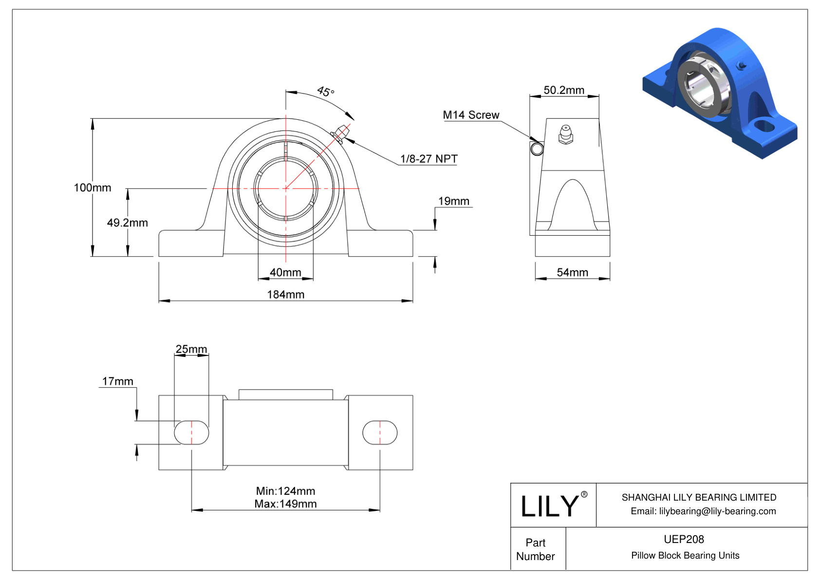 UEP208 Pillow Block Bearing Accu-Loc Concentric Collar Locking cad drawing