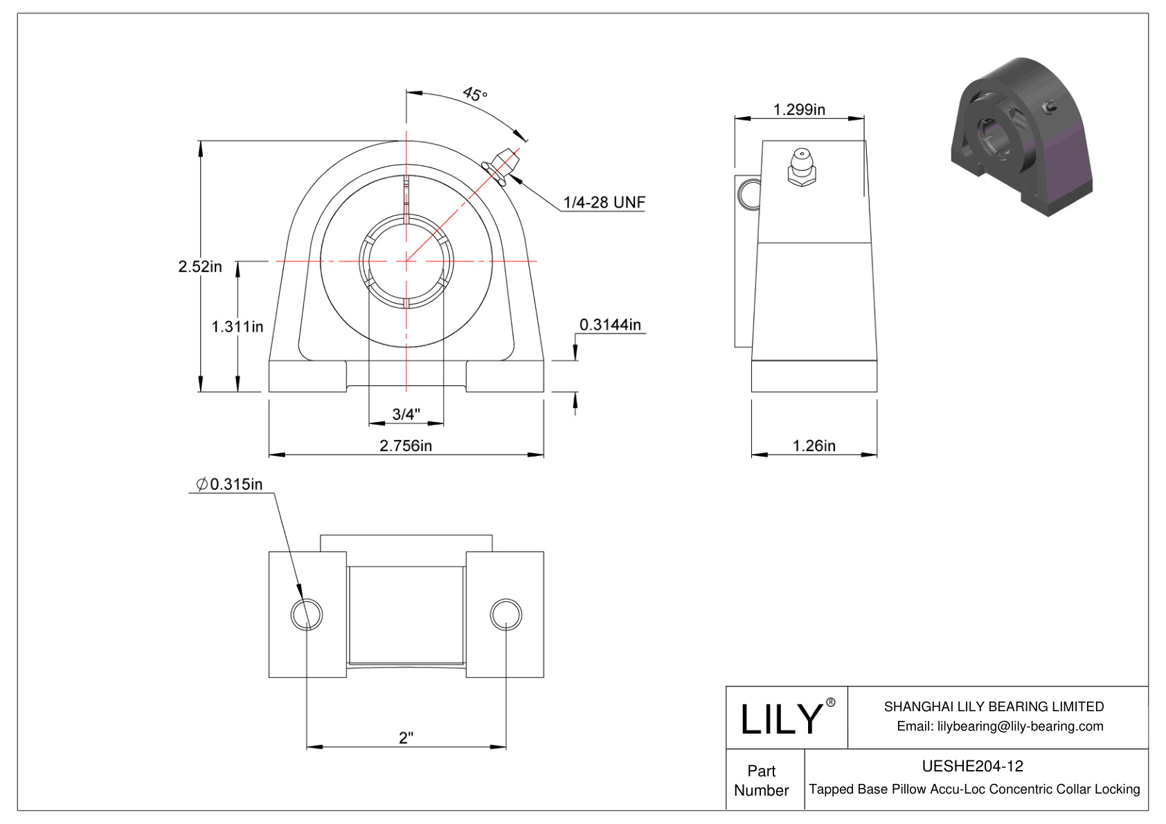 UESHE204-12 Tapped Base Pillow Accu-Loc Concentric Collar Locking cad drawing