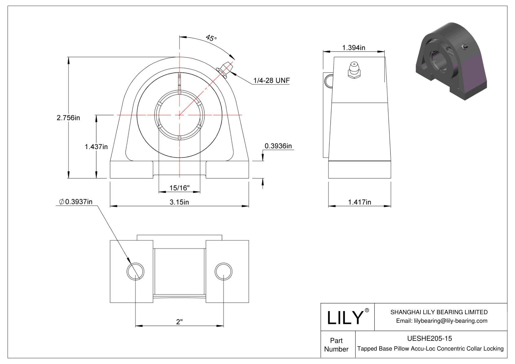 UESHE205-15 Tapped Base Pillow Accu-Loc Concentric Collar Locking cad drawing