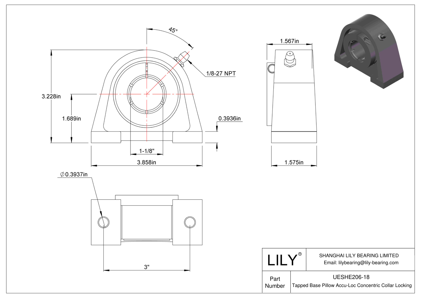 UESHE206-18 Tapped Base Pillow Accu-Loc Concentric Collar Locking cad drawing