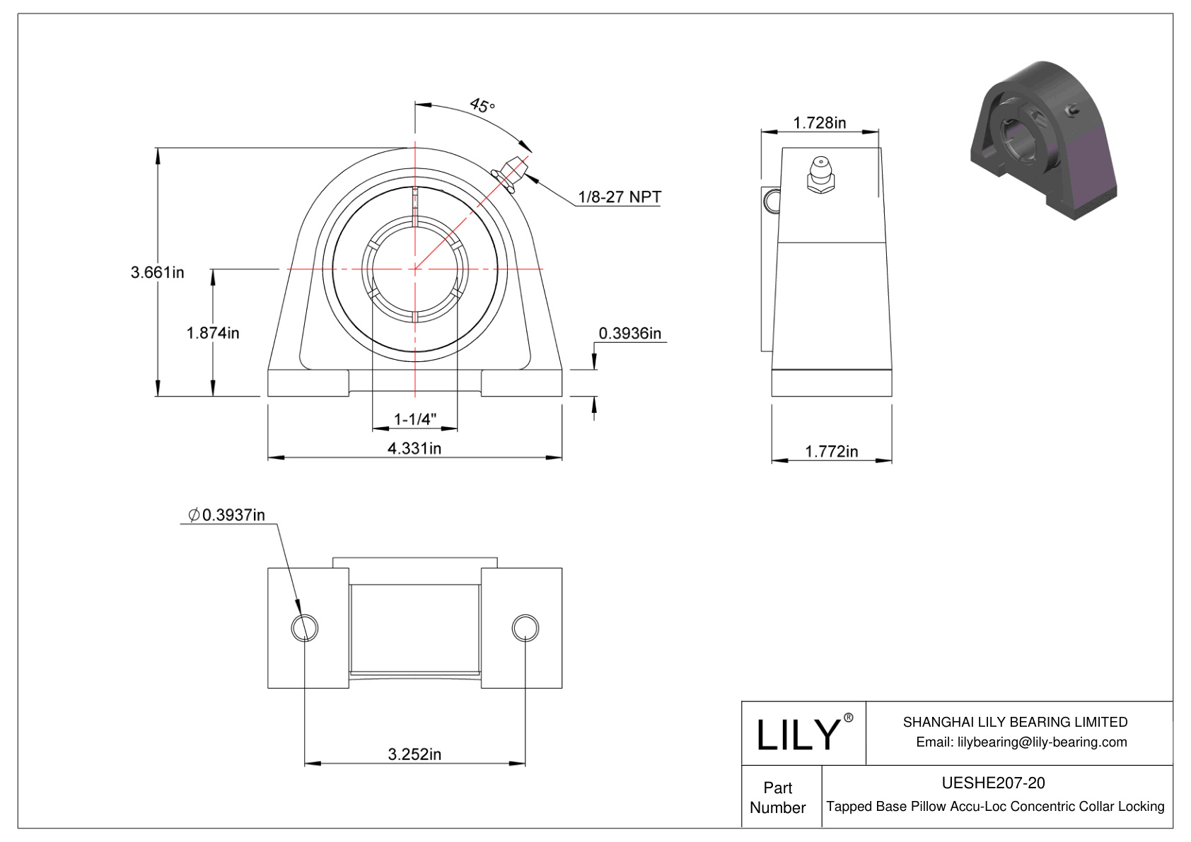 UESHE207-20 Tapped Base Pillow Accu-Loc Concentric Collar Locking cad drawing