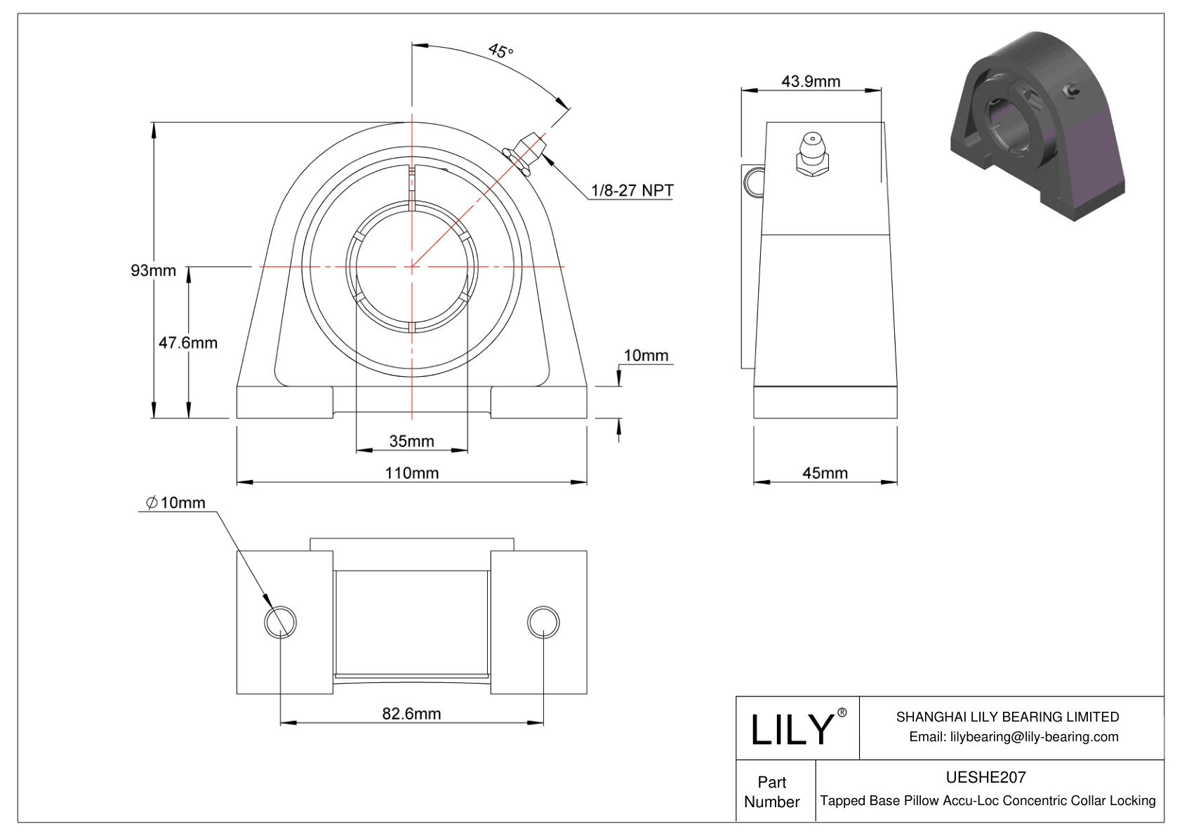 UESHE207 Tapped Base Pillow Accu-Loc Concentric Collar Locking cad drawing