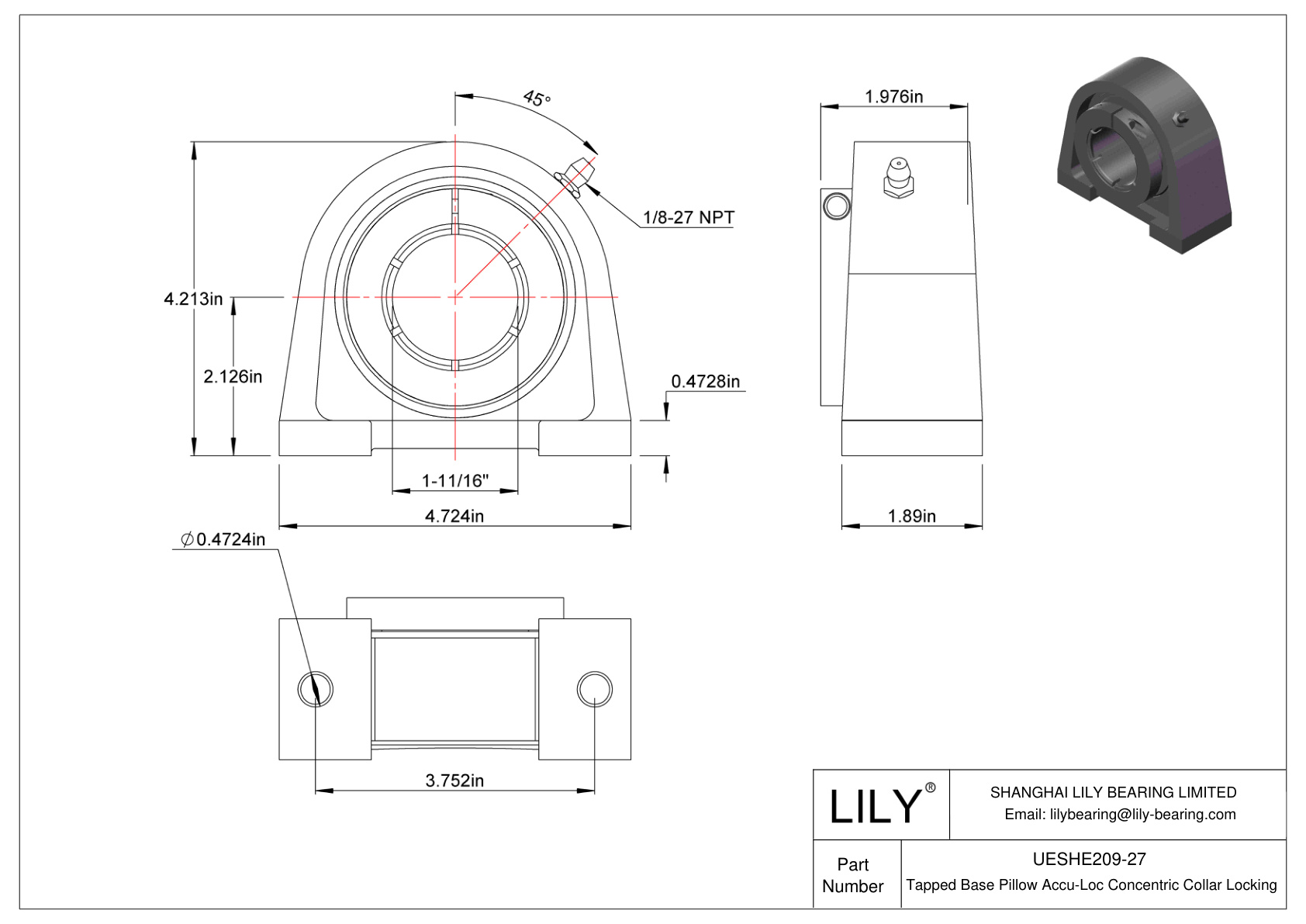 UESHE209-27 Base roscada Almohadilla Accu-Loc Bloqueo de collar concéntrico cad drawing