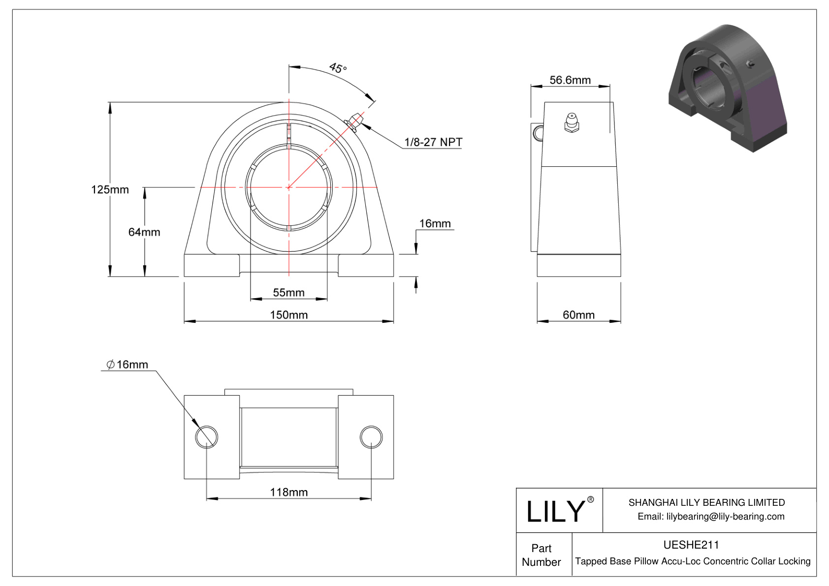 UESHE211 Tapped Base Pillow Accu-Loc Concentric Collar Locking cad drawing