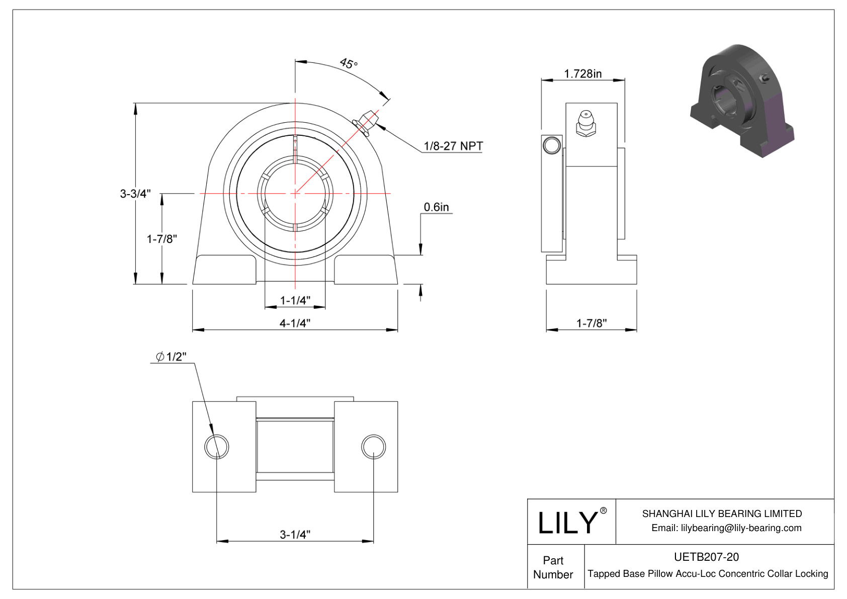 UETB207-20 Base roscada Almohadilla Accu-Loc Bloqueo de collar concéntrico cad drawing