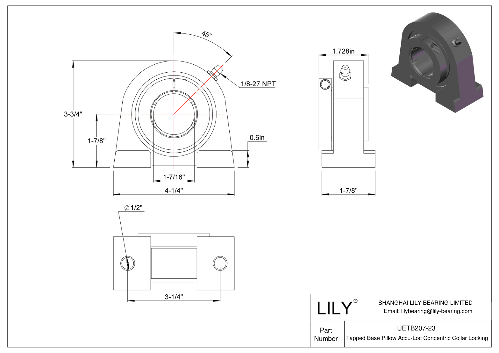 UETB207-23 Base roscada Almohadilla Accu-Loc Bloqueo de collar concéntrico cad drawing