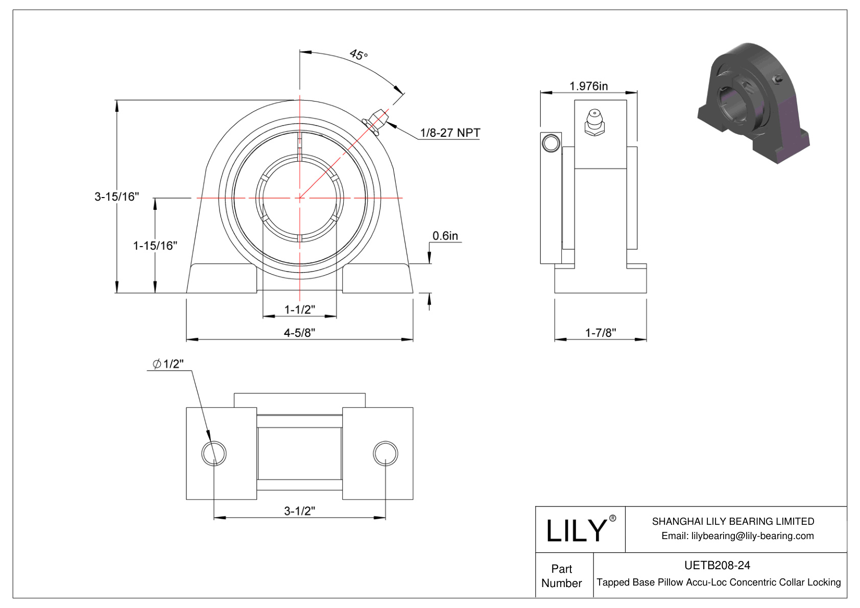 UETB208-24 Base roscada Almohadilla Accu-Loc Bloqueo de collar concéntrico cad drawing