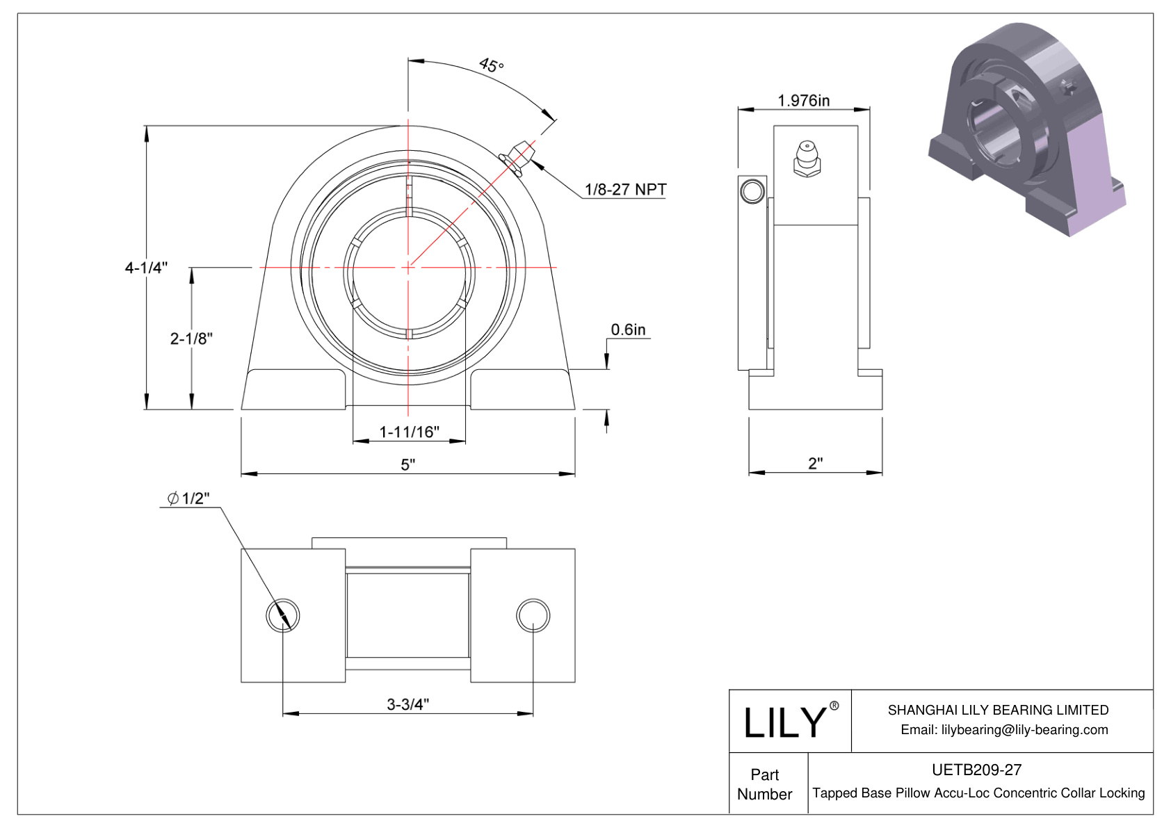 UETB209-27 Base roscada Almohadilla Accu-Loc Bloqueo de collar concéntrico cad drawing