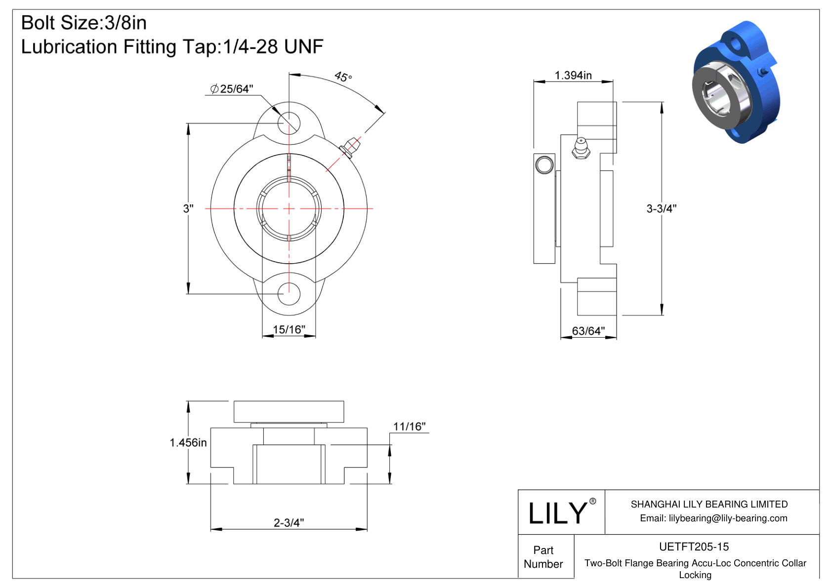 UETFT205-15 Cojinete de brida de dos pernos Bloqueo de collarín concéntrico Accu-Loc cad drawing