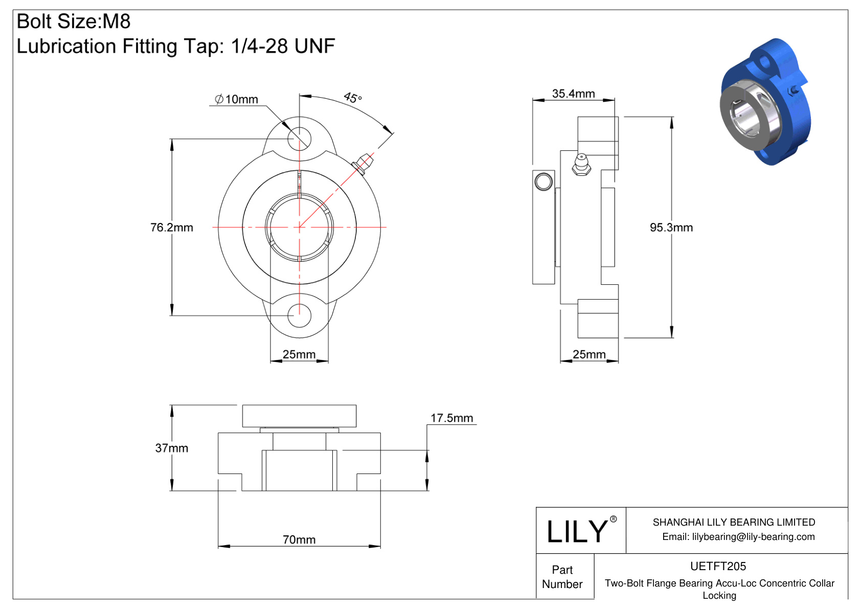 UETFT205 Cojinete de brida de dos pernos Bloqueo de collarín concéntrico Accu-Loc cad drawing