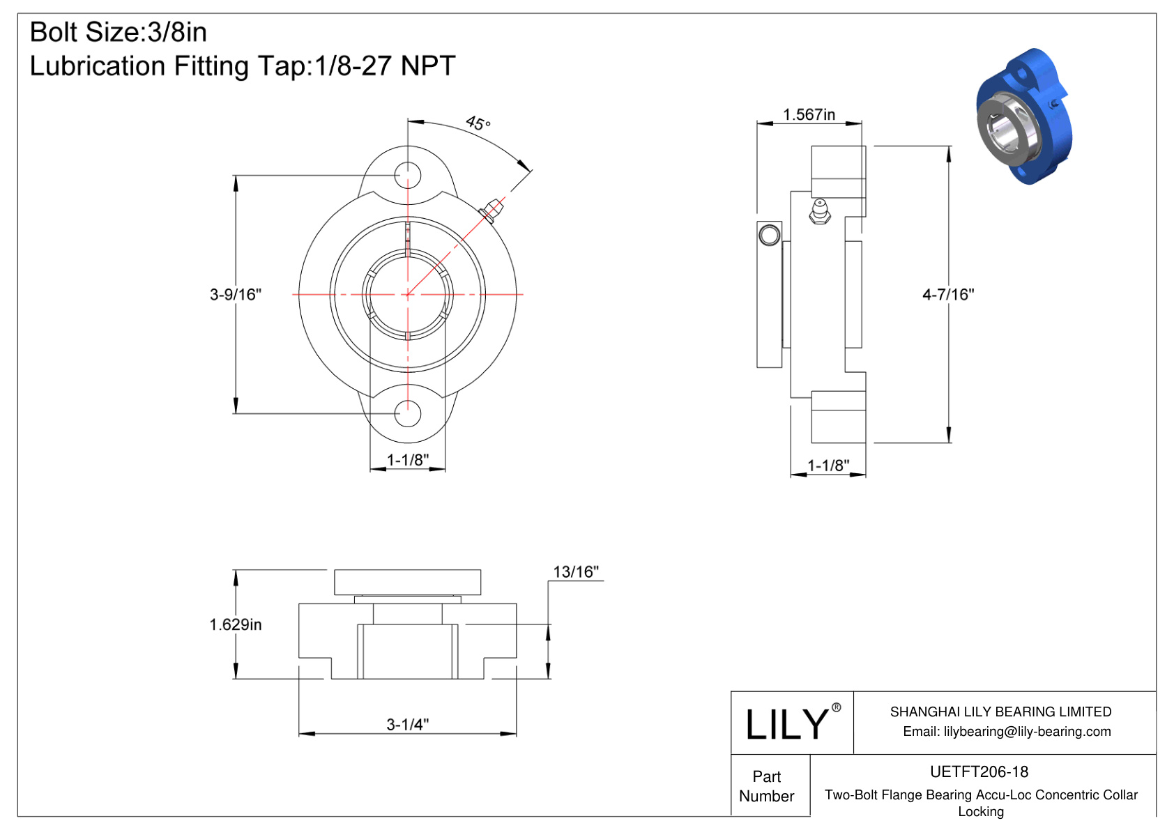 UETFT206-18 Two-Bolt Flange Bearing Accu-Loc Concentric Collar Locking cad drawing