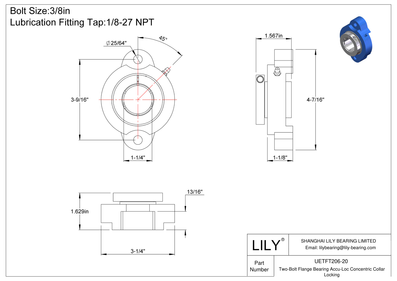 UETFT206-20 Two-Bolt Flange Bearing Accu-Loc Concentric Collar Locking cad drawing