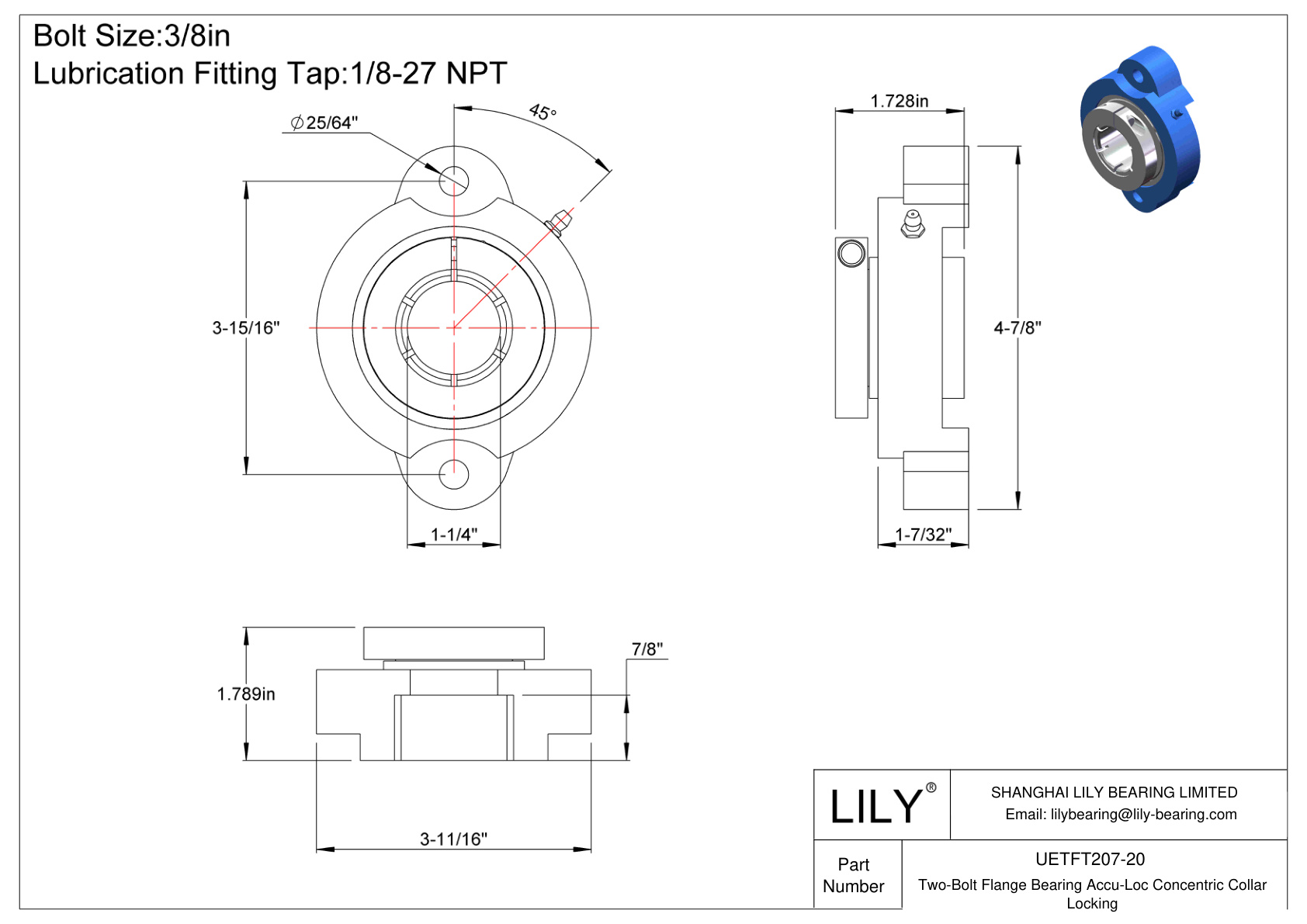 UETFT207-20 Cojinete de brida de dos pernos Bloqueo de collarín concéntrico Accu-Loc cad drawing