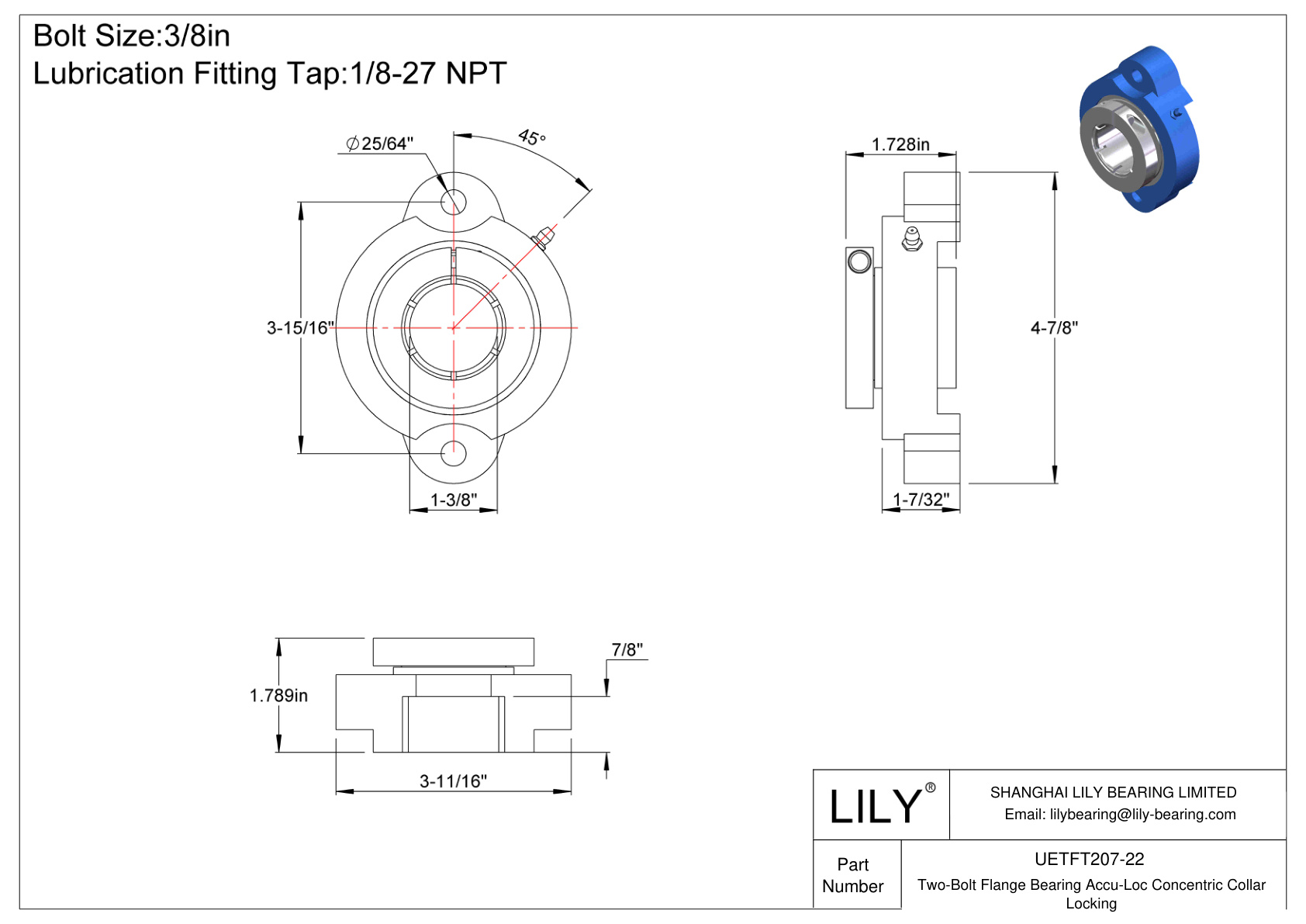 UETFT207-22 双螺栓法兰轴承 Accu-Loc 同心环锁定 cad drawing