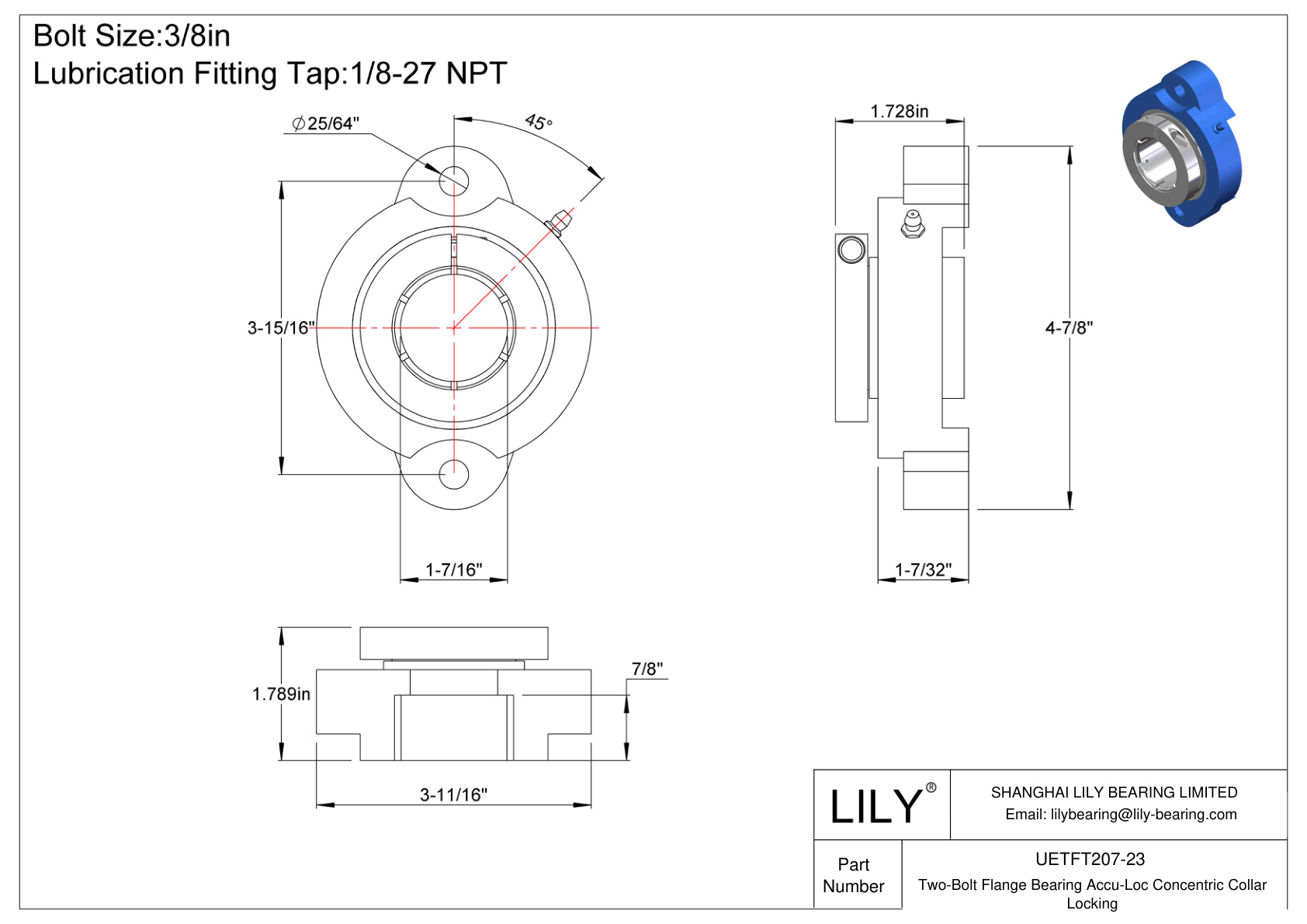 UETFT207-23 Two-Bolt Flange Bearing Accu-Loc Concentric Collar Locking cad drawing