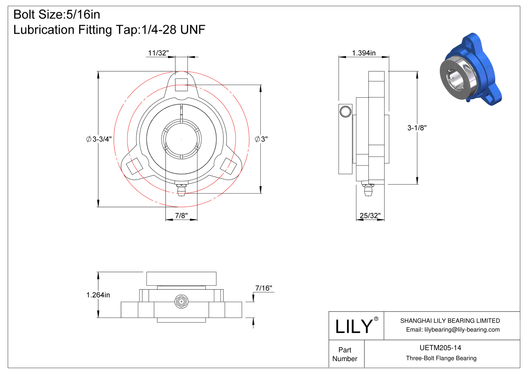 UETM205-14 Cojinete de brida de tres tornillos Bloqueo de collarín concéntrico Accu-Loc cad drawing