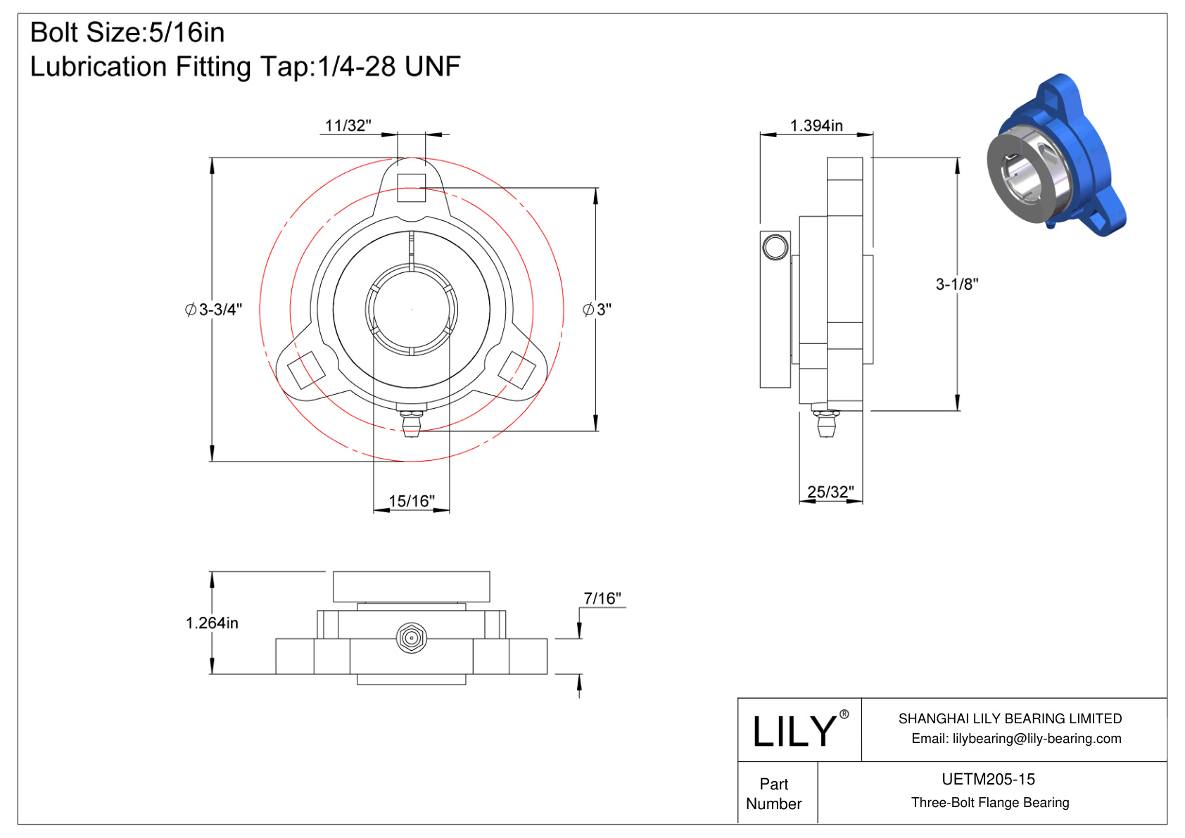 UETM205-15 Cojinete de brida de tres tornillos Bloqueo de collarín concéntrico Accu-Loc cad drawing