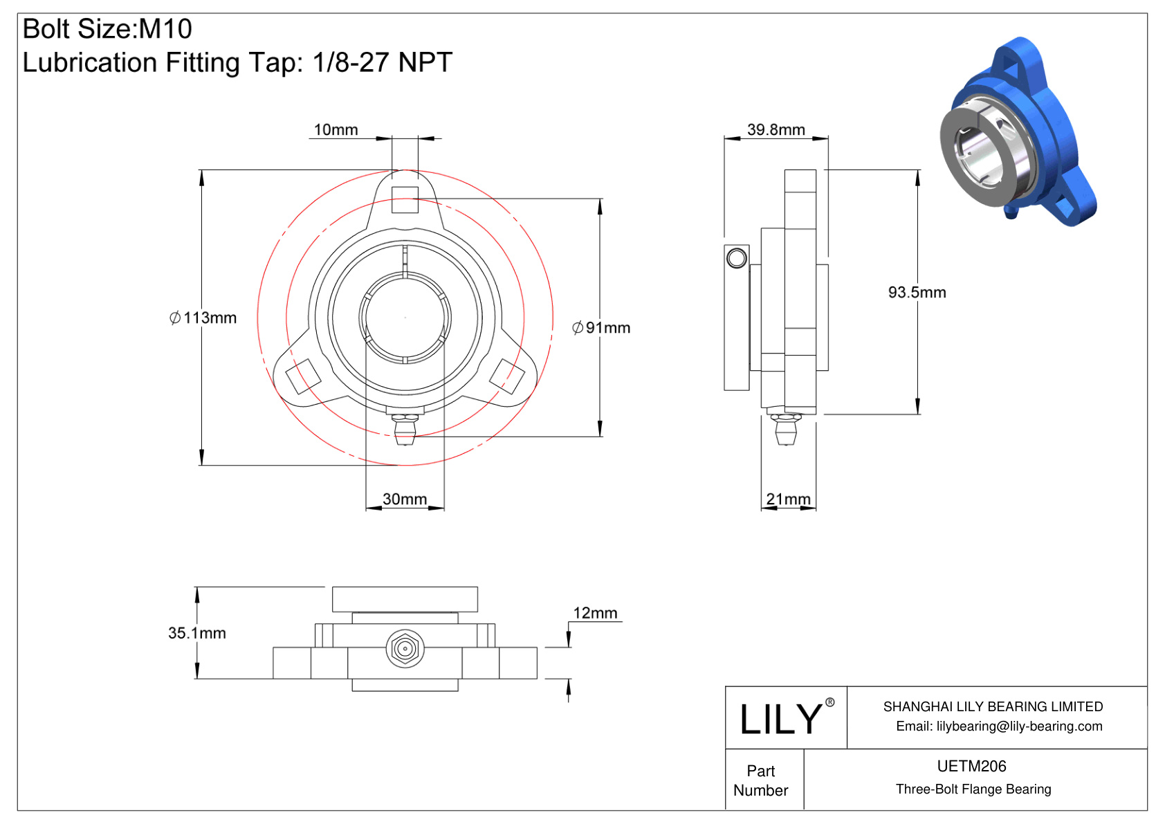 UETM206 Cojinete de brida de tres tornillos Bloqueo de collarín concéntrico Accu-Loc cad drawing