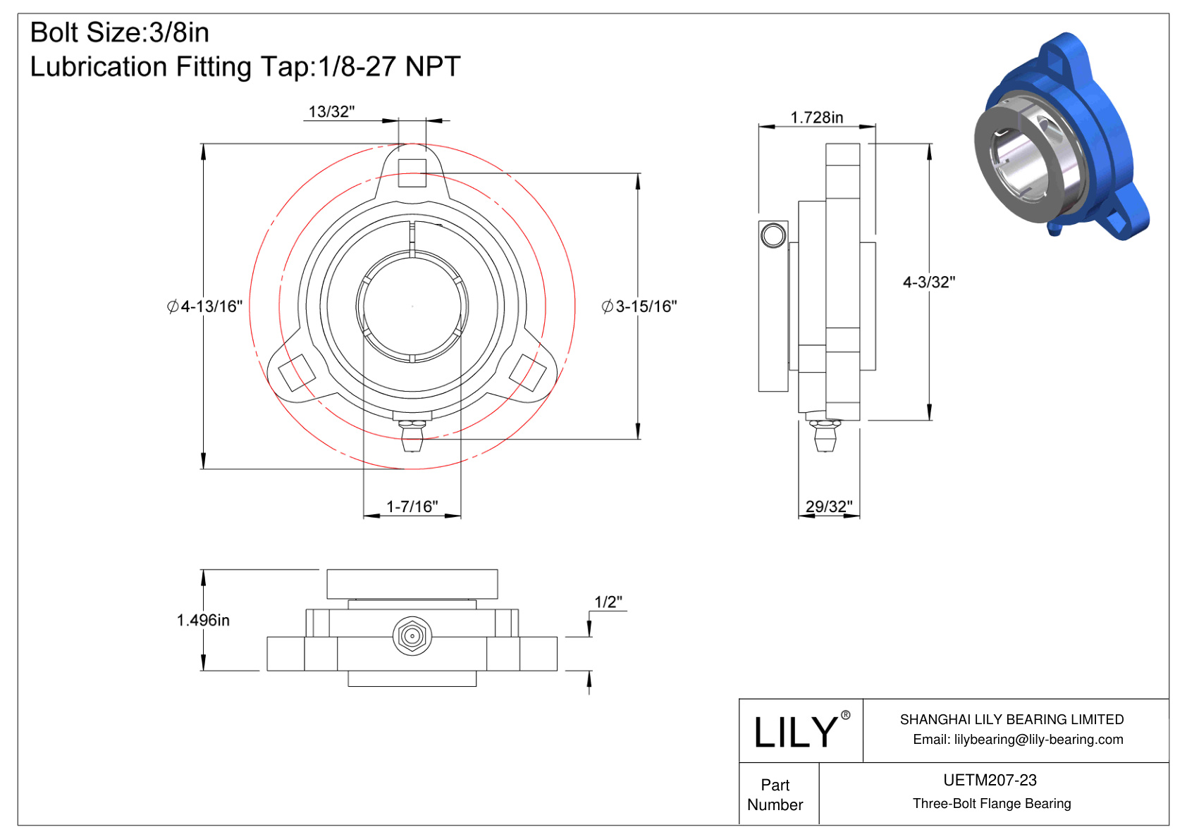 UETM207-23 Cojinete de brida de tres tornillos Bloqueo de collarín concéntrico Accu-Loc cad drawing