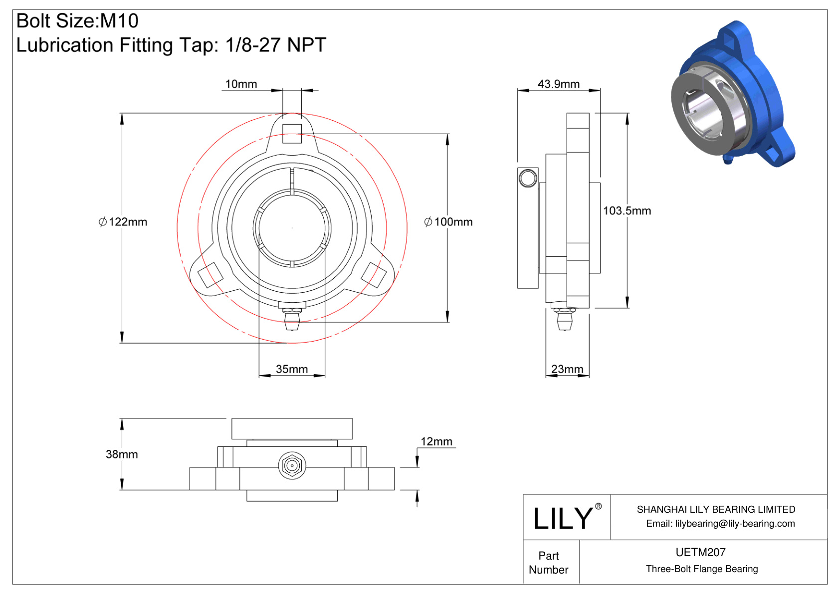 UETM207 Three-Bolt Flange Bearing Accu-Loc Concentric Collar Locking cad drawing