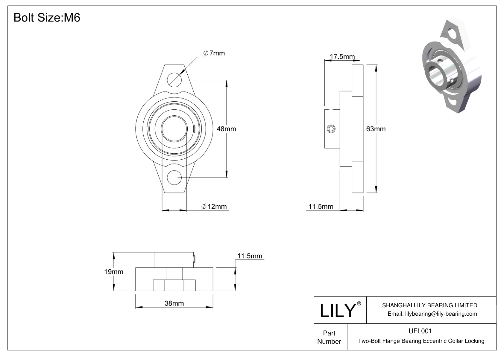 UFL001 Two-Bolt Flange Bearing Eccentric Collar Locking cad drawing