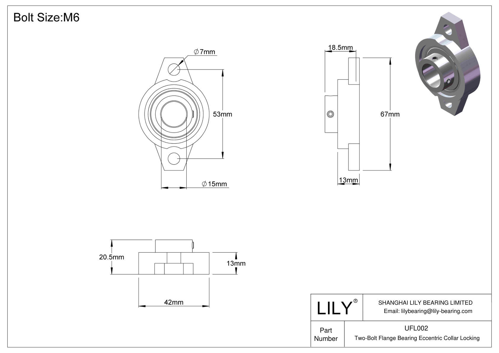 UFL002 Two-Bolt Flange Bearing Eccentric Collar Locking cad drawing