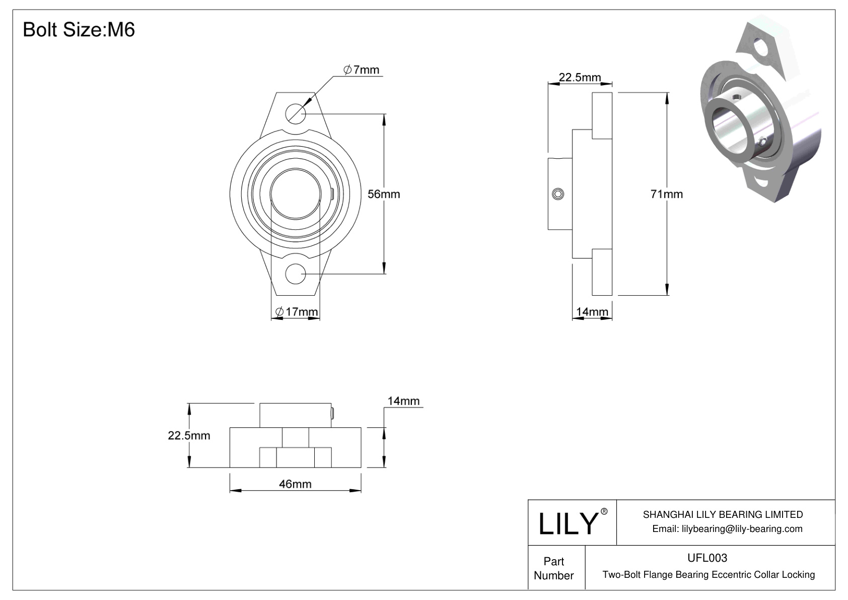 UFL003 Two-Bolt Flange Bearing Eccentric Collar Locking cad drawing