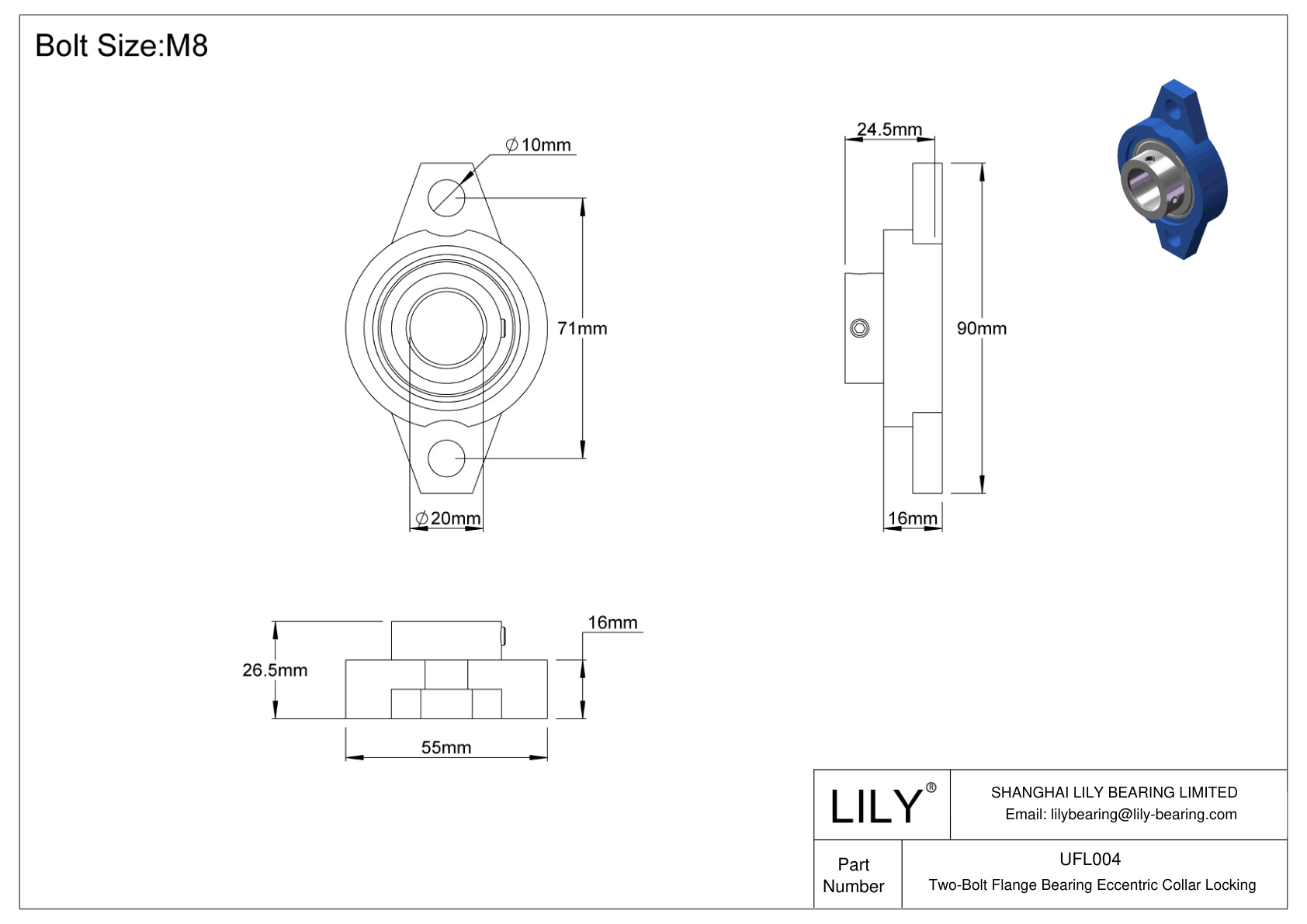 UFL004 Two-Bolt Flange Bearing Eccentric Collar Locking cad drawing