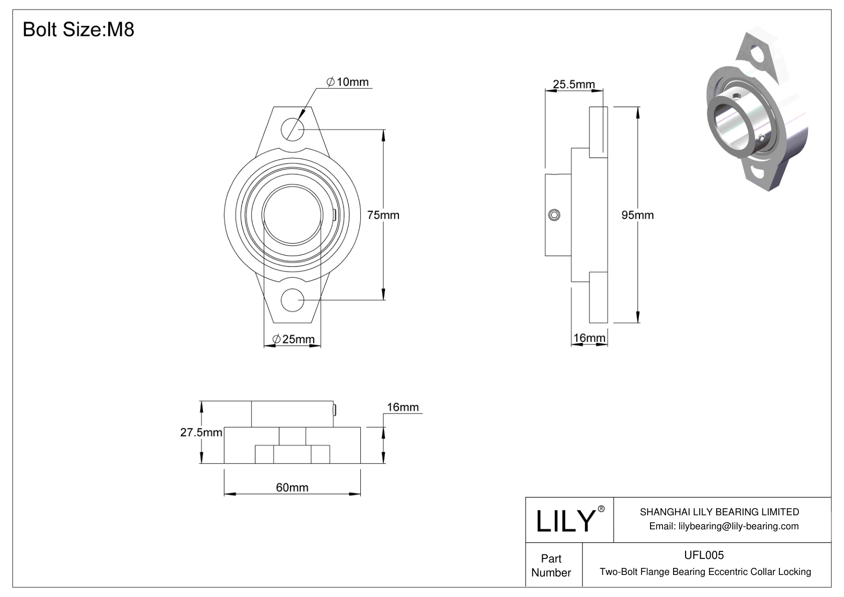 UFL005 Two-Bolt Flange Bearing Eccentric Collar Locking cad drawing