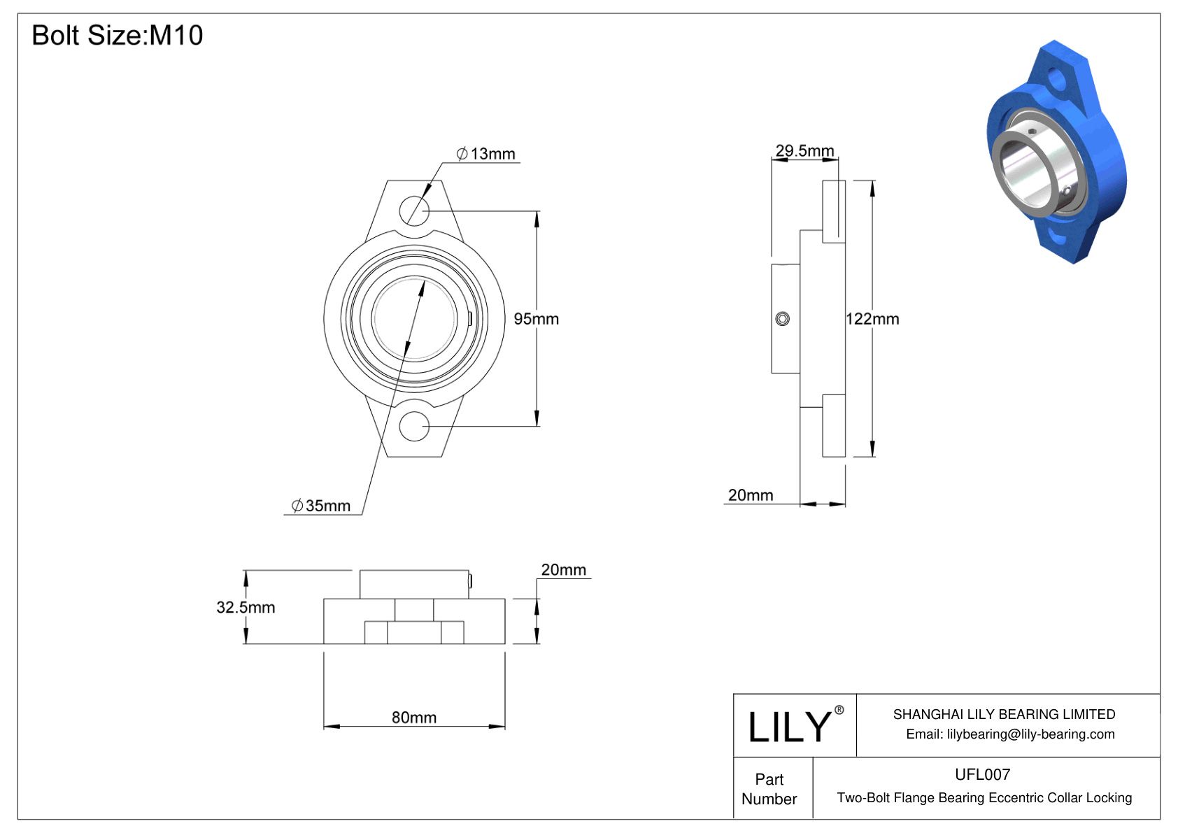 UFL007 Cojinete de brida de dos pernos Bloqueo de collar excéntrico cad drawing