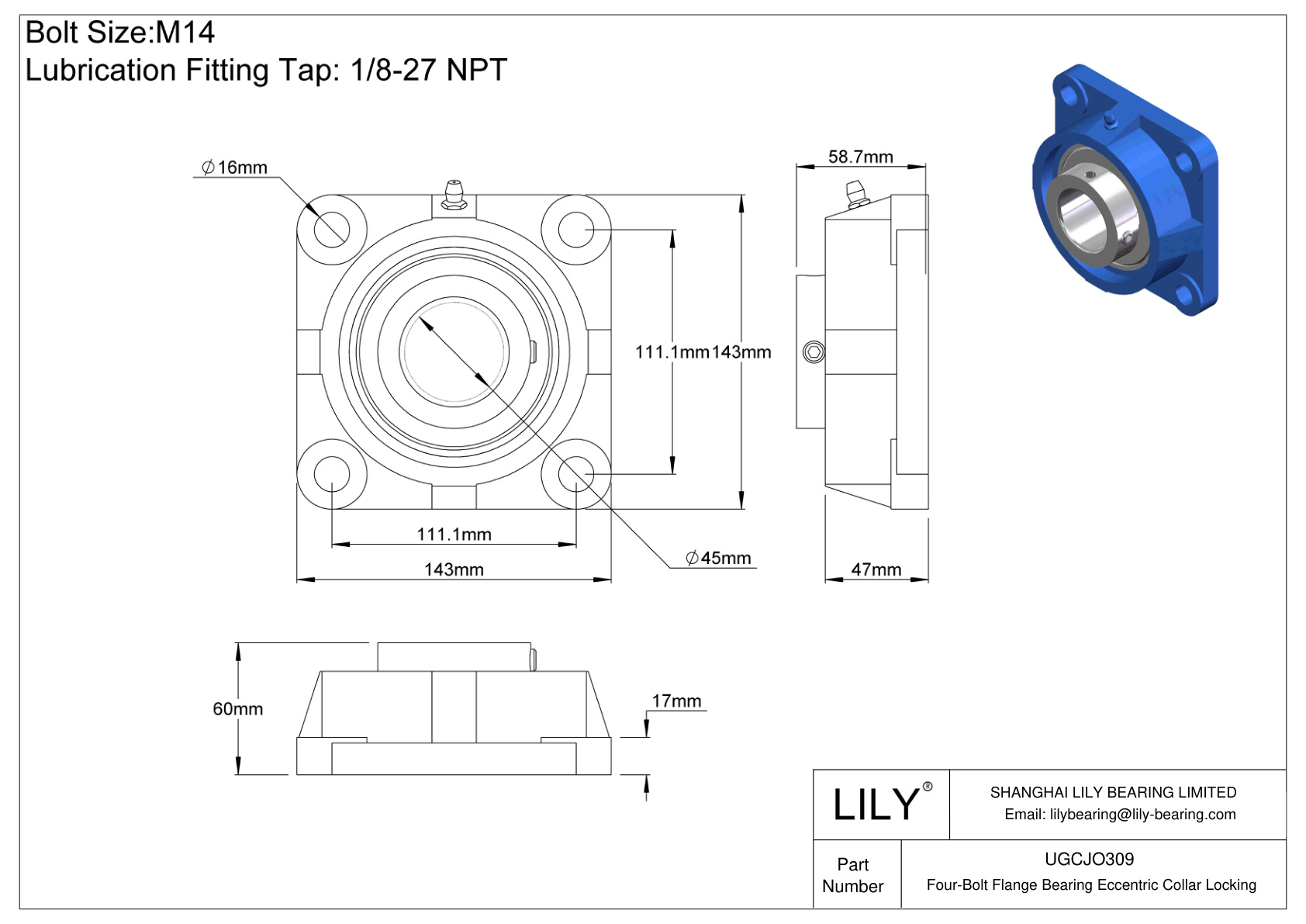 UGCJO309 Cojinete de brida de cuatro tornillos Bloqueo de collar excéntrico cad drawing