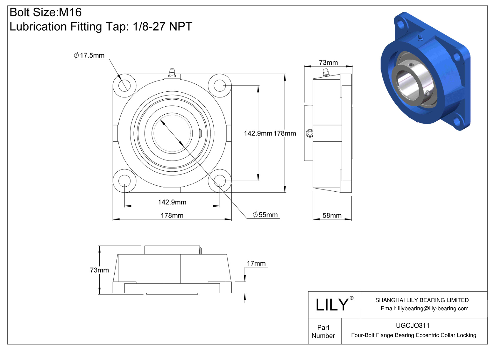 UGCJO311 Cojinete de brida de cuatro tornillos Bloqueo de collar excéntrico cad drawing