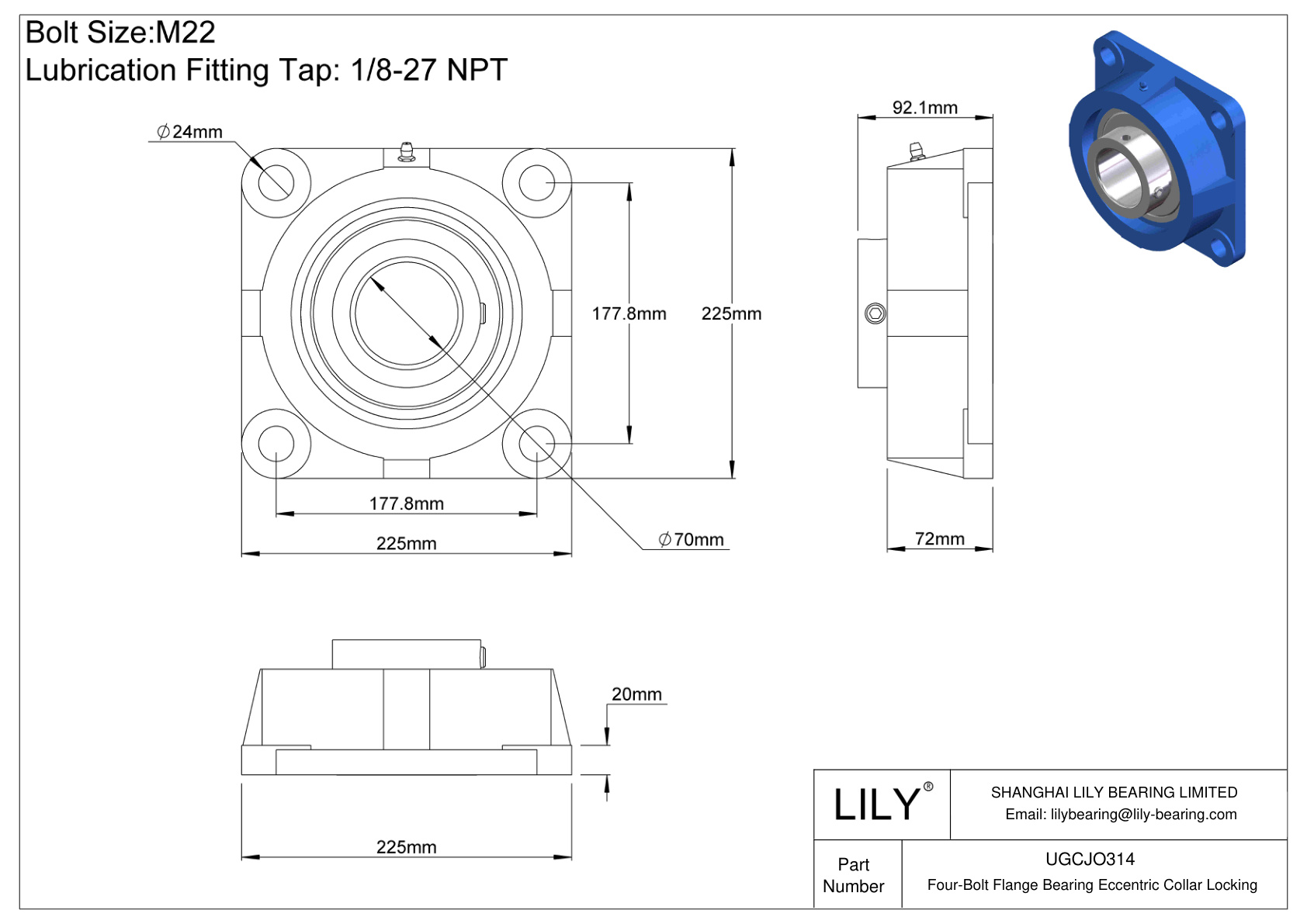 UGCJO314 Cojinete de brida de cuatro tornillos Bloqueo de collar excéntrico cad drawing