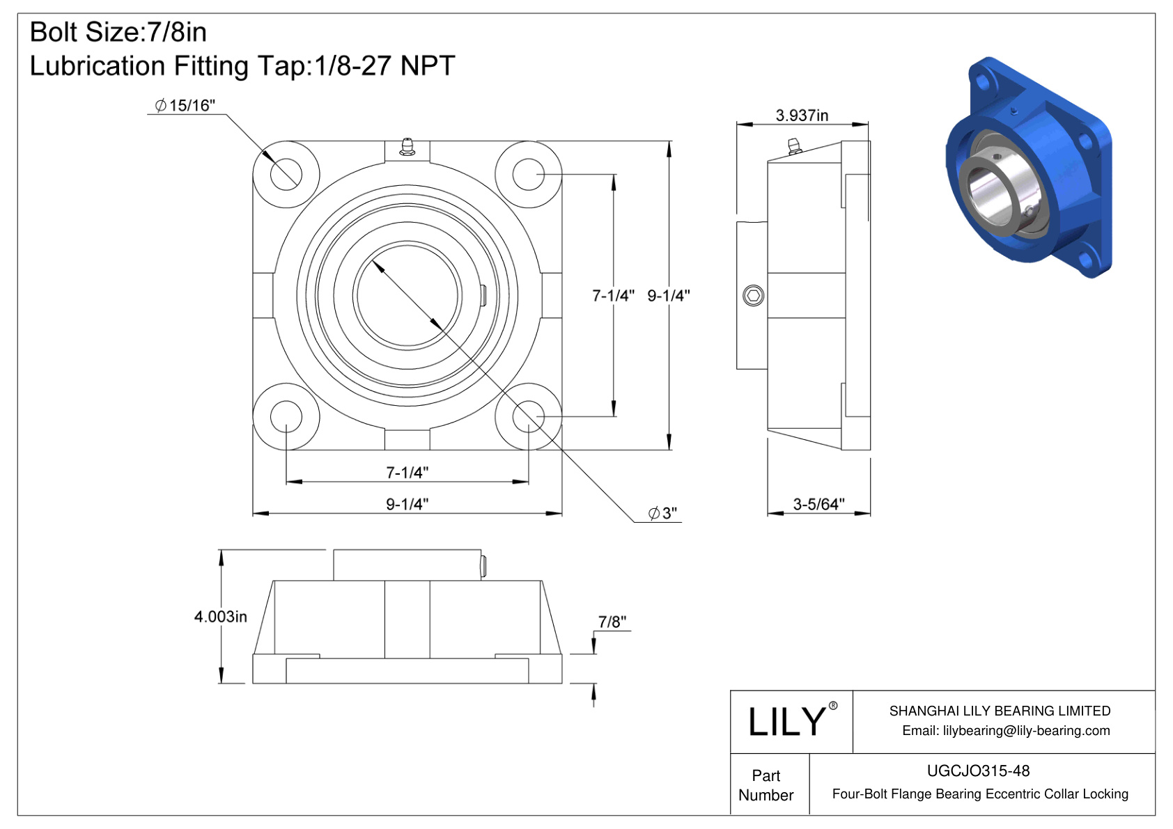 UGCJO315-48 Cojinete de brida de cuatro tornillos Bloqueo de collar excéntrico cad drawing