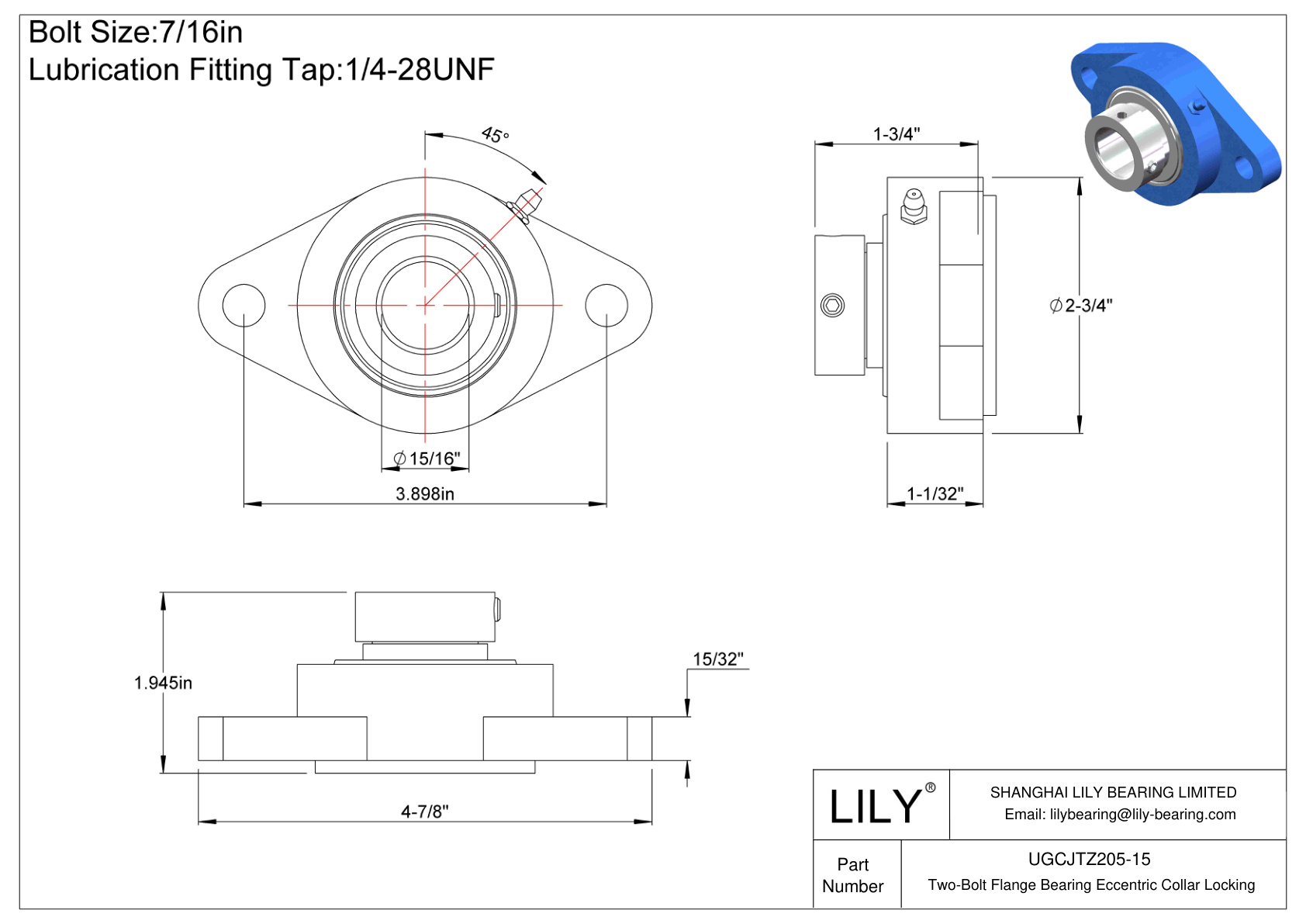 UGCJTZ205-15 Two-Bolt Flange Bearing Eccentric Collar Locking cad drawing