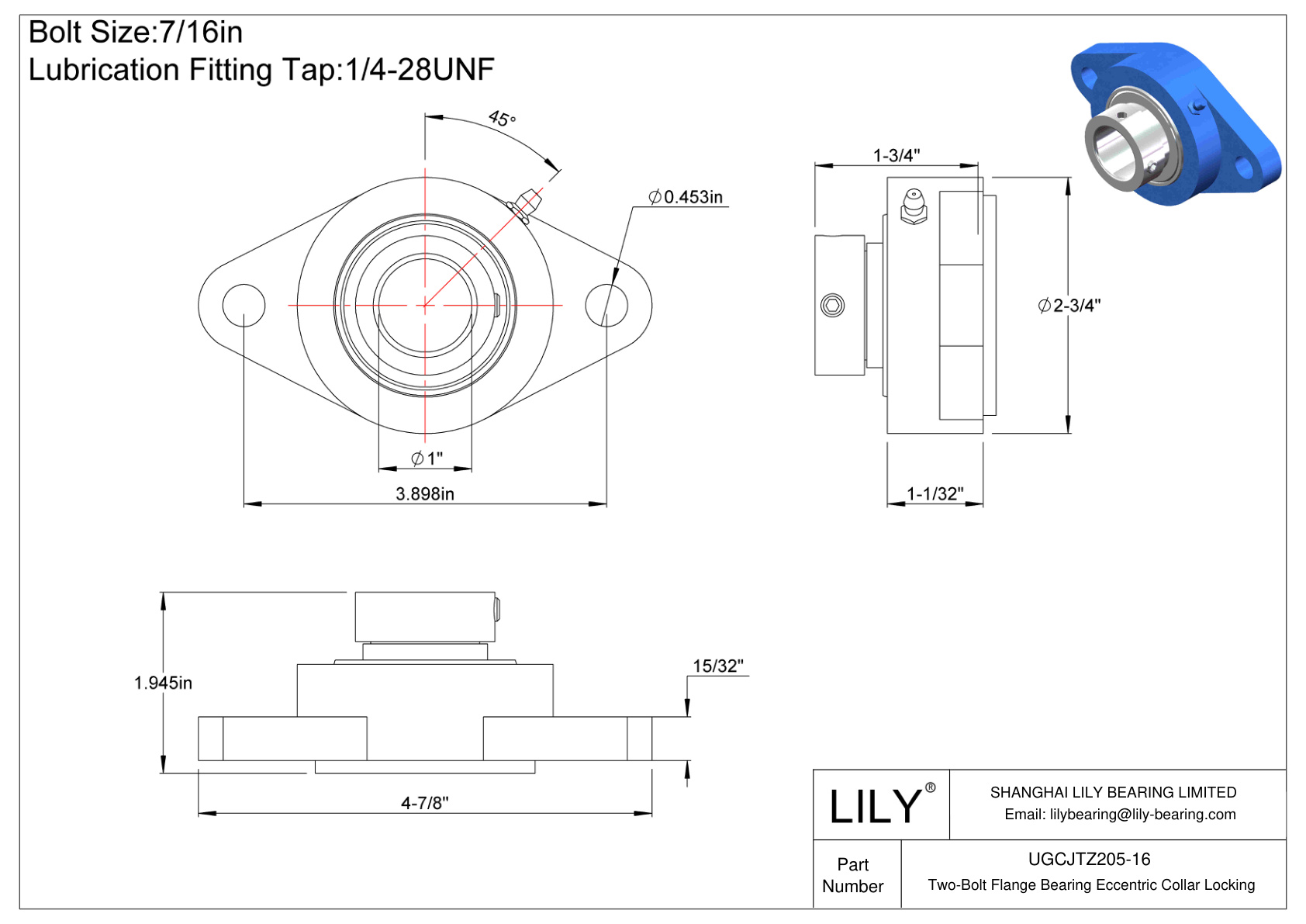 UGCJTZ205-16 Two-Bolt Flange Bearing Eccentric Collar Locking cad drawing