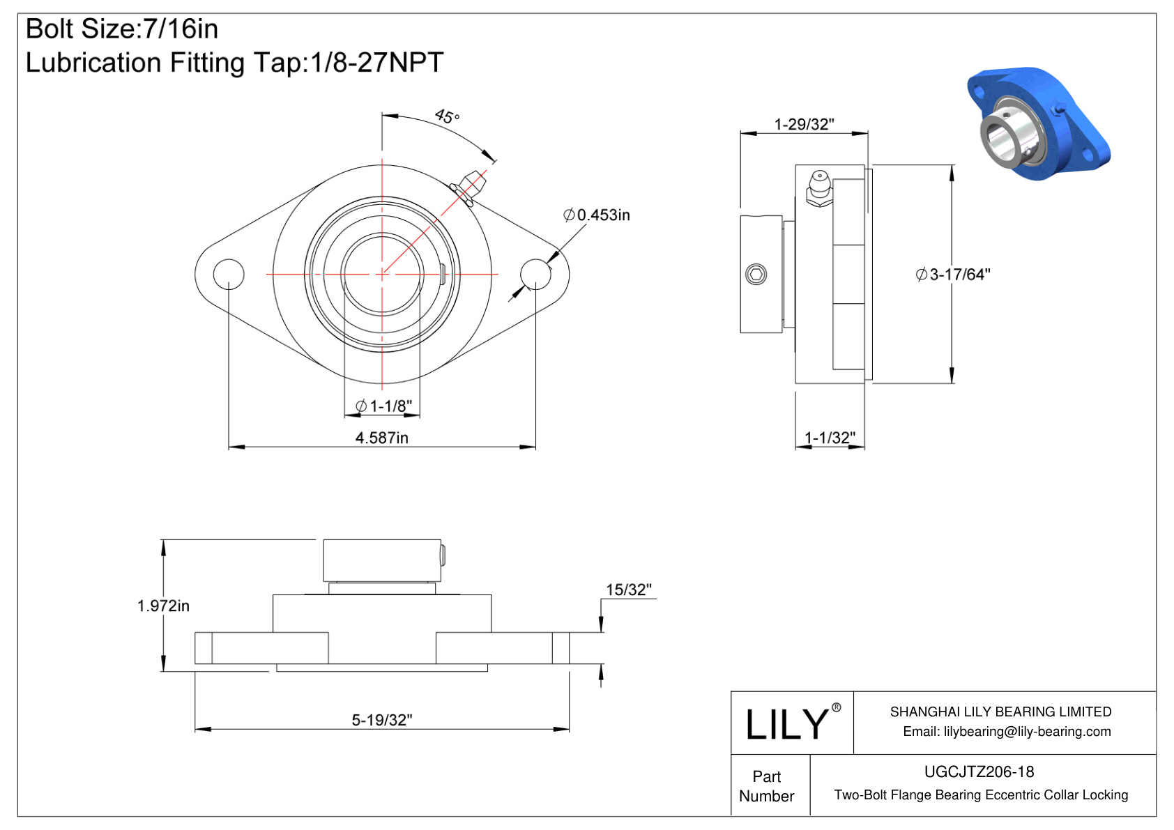 UGCJTZ206-18 Cojinete de brida de dos pernos Bloqueo de collar excéntrico cad drawing