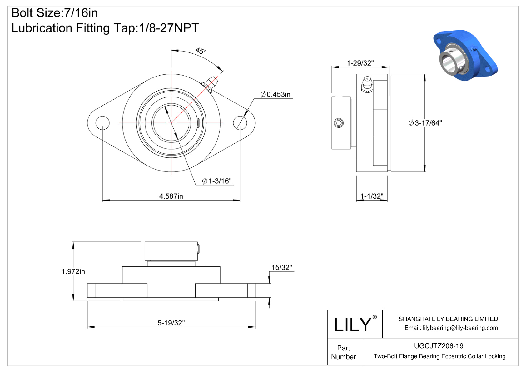 UGCJTZ206-19 Cojinete de brida de dos pernos Bloqueo de collar excéntrico cad drawing