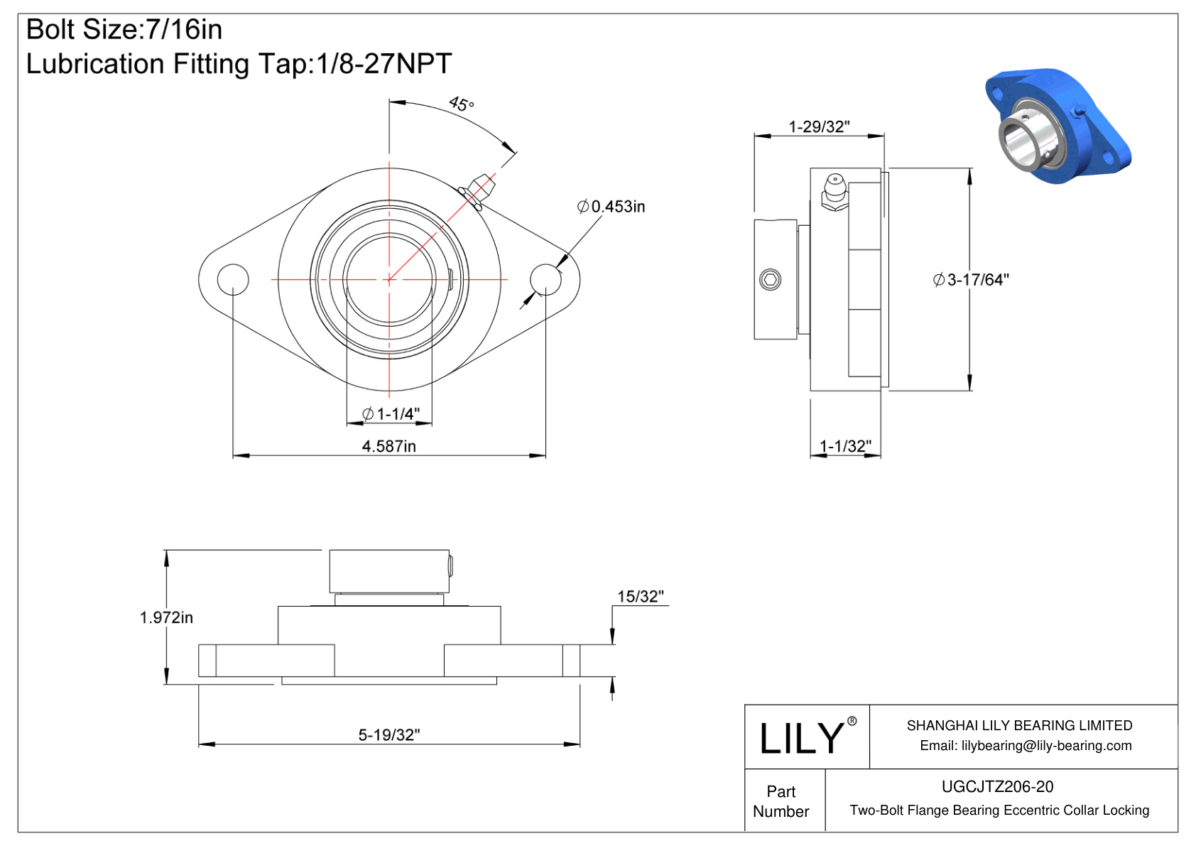 UGCJTZ206-20 Two-Bolt Flange Bearing Eccentric Collar Locking cad drawing