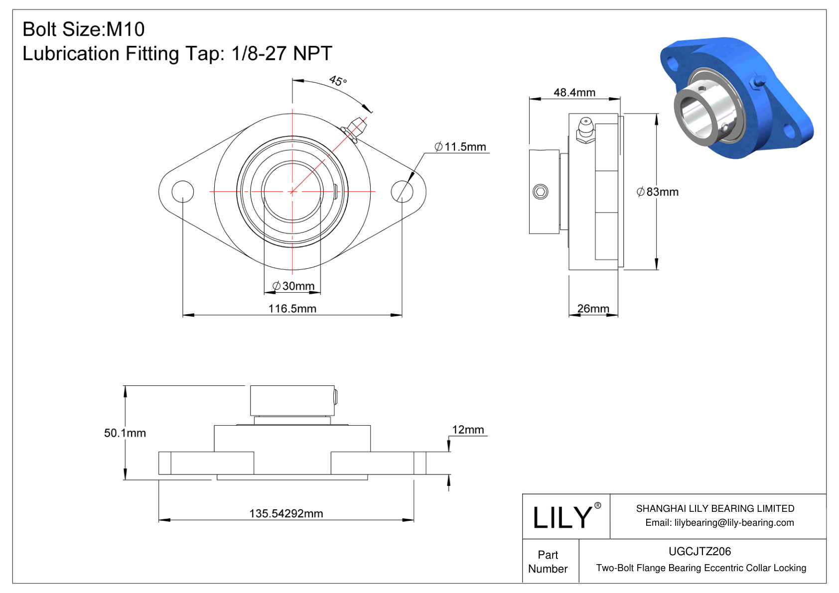 UGCJTZ206 Two-Bolt Flange Bearing Eccentric Collar Locking cad drawing