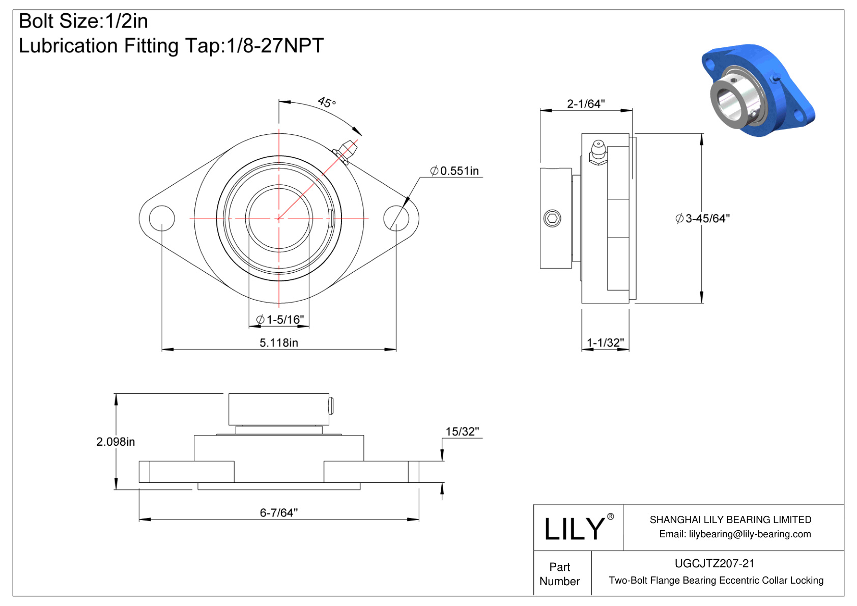 UGCJTZ207-21 Two-Bolt Flange Bearing Eccentric Collar Locking cad drawing