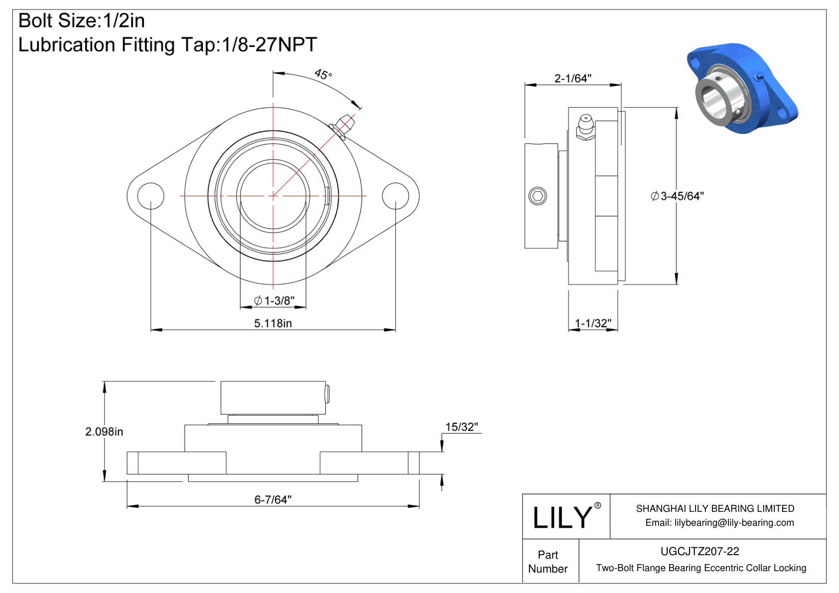 UGCJTZ207-22 Cojinete de brida de dos pernos Bloqueo de collar excéntrico cad drawing