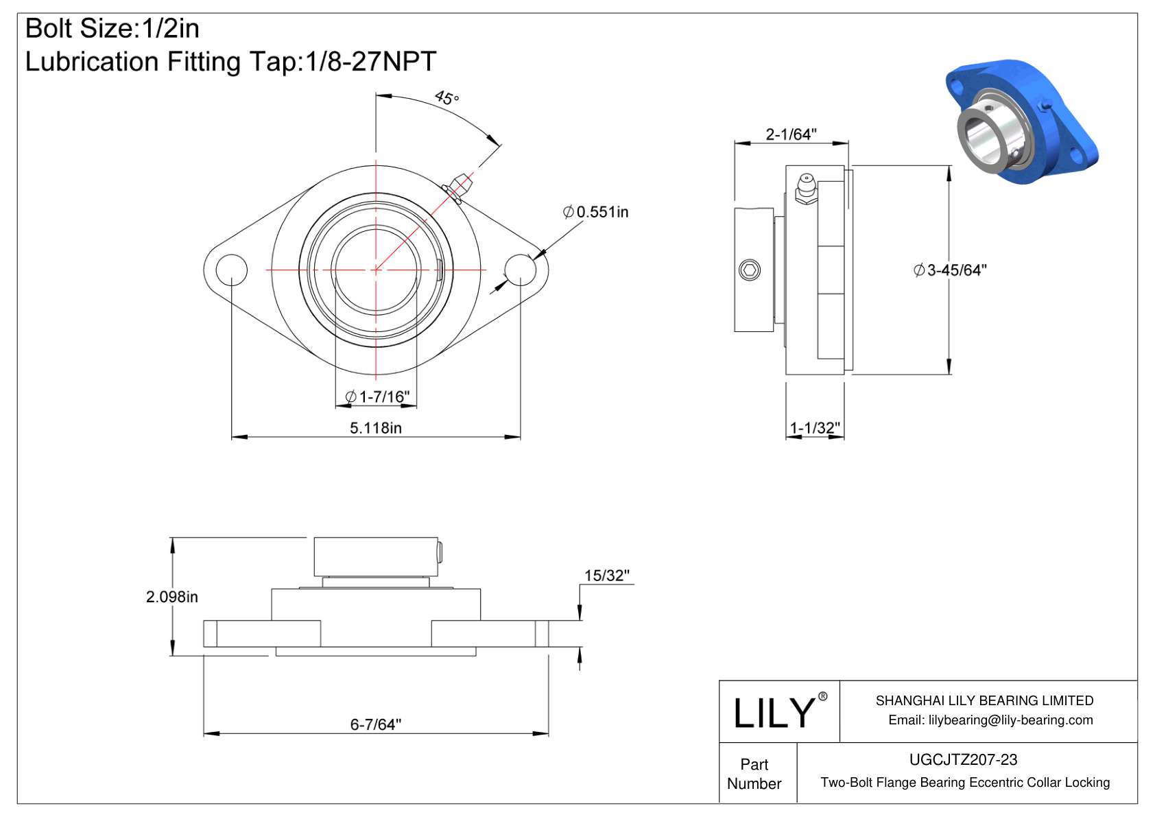 UGCJTZ207-23 Two-Bolt Flange Bearing Eccentric Collar Locking cad drawing