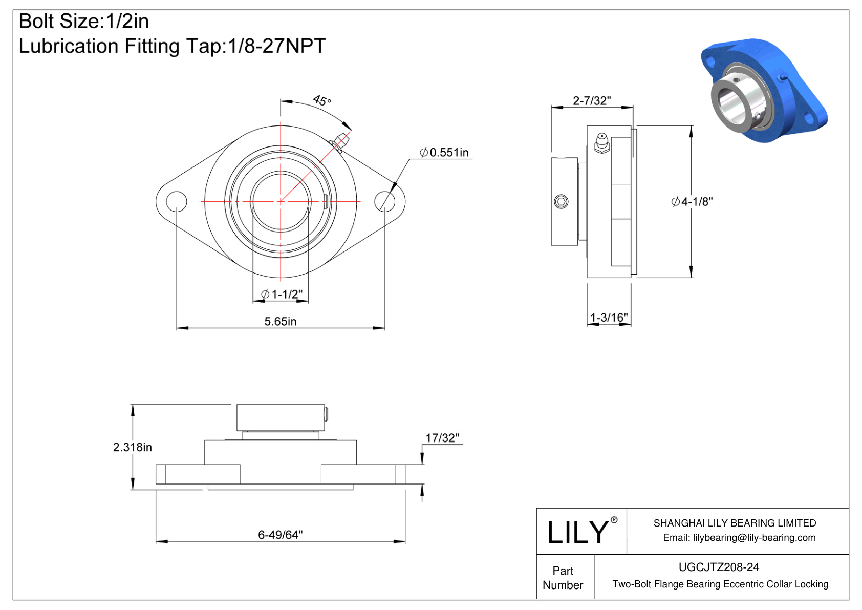 UGCJTZ208-24 Cojinete de brida de dos pernos Bloqueo de collar excéntrico cad drawing