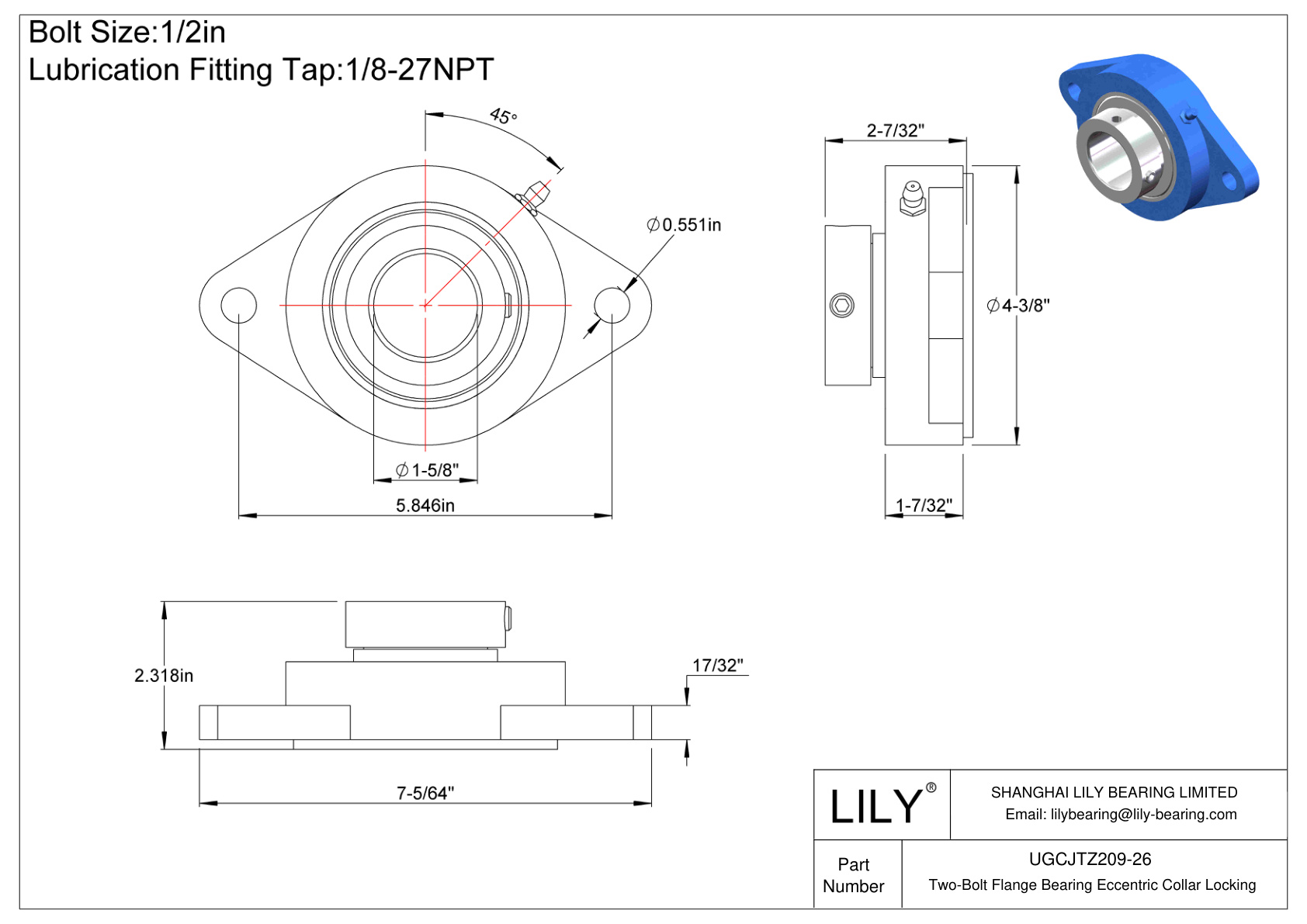 UGCJTZ209-26 Cojinete de brida de dos pernos Bloqueo de collar excéntrico cad drawing