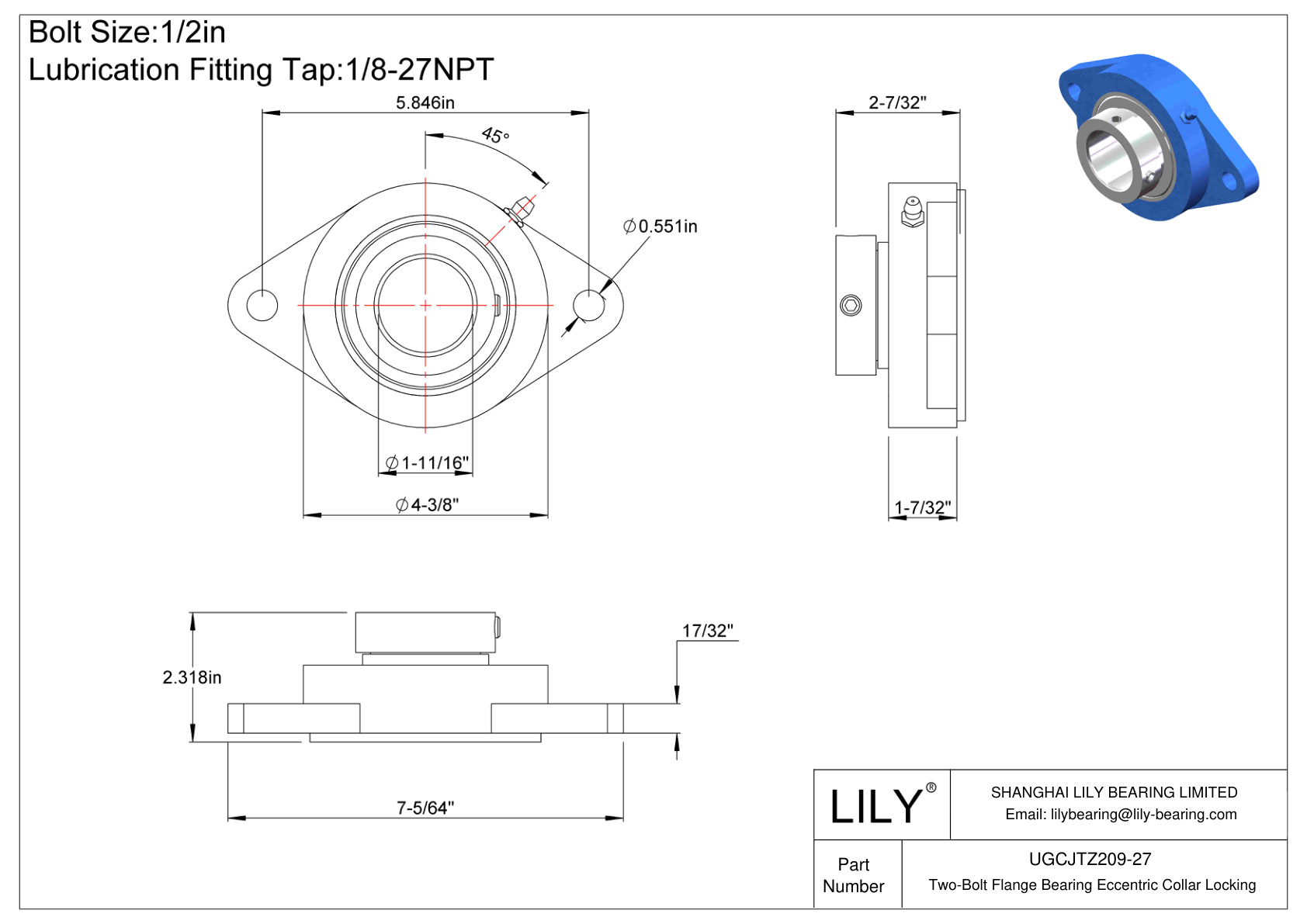 UGCJTZ209-27 Two-Bolt Flange Bearing Eccentric Collar Locking cad drawing