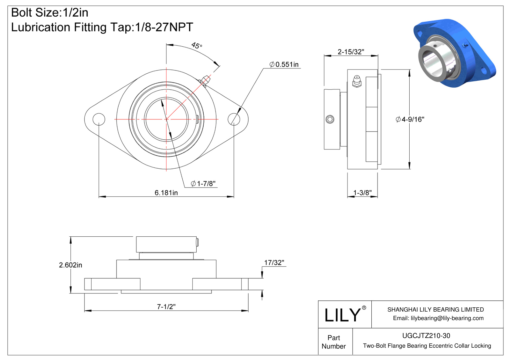 UGCJTZ210-30 Two-Bolt Flange Bearing Eccentric Collar Locking cad drawing