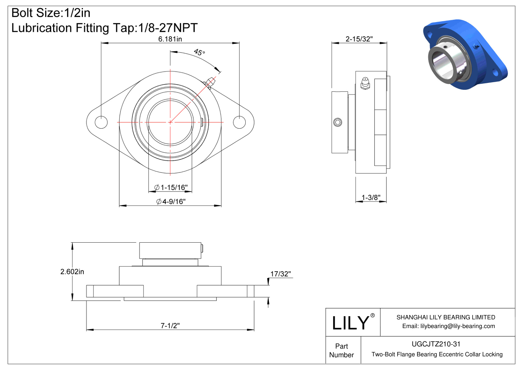 UGCJTZ210-31 Cojinete de brida de dos pernos Bloqueo de collar excéntrico cad drawing