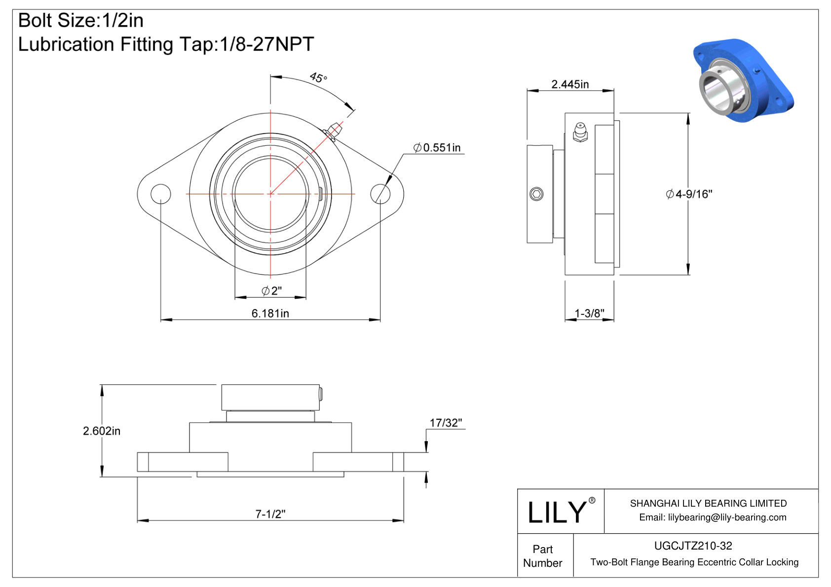 UGCJTZ210-32 Cojinete de brida de dos pernos Bloqueo de collar excéntrico cad drawing